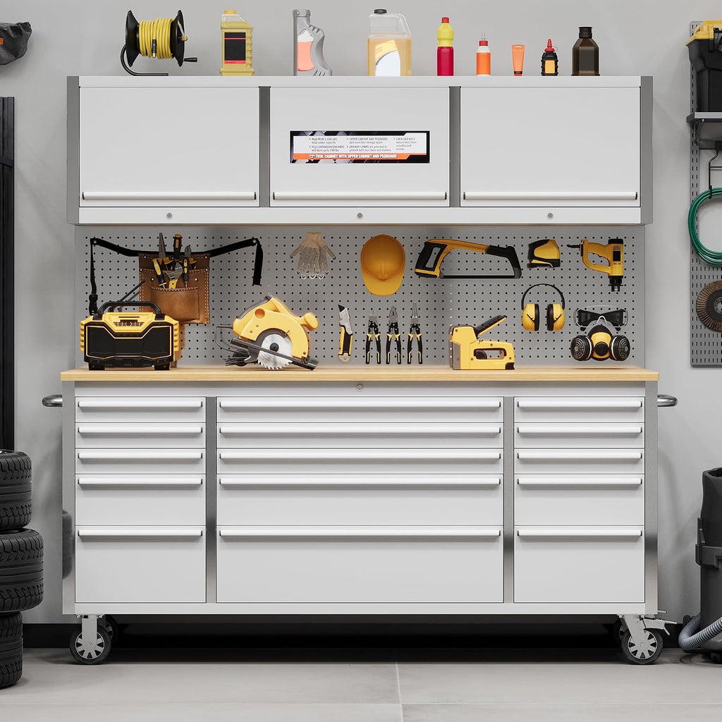 72' Rolling Tool Chest with 15 Drawers, Solid Rubber Wood Workbench Top, Locking Wheels & Key Lock, Mobile Garage Tool Cabinet for Workshop Storage and Organization, Silver