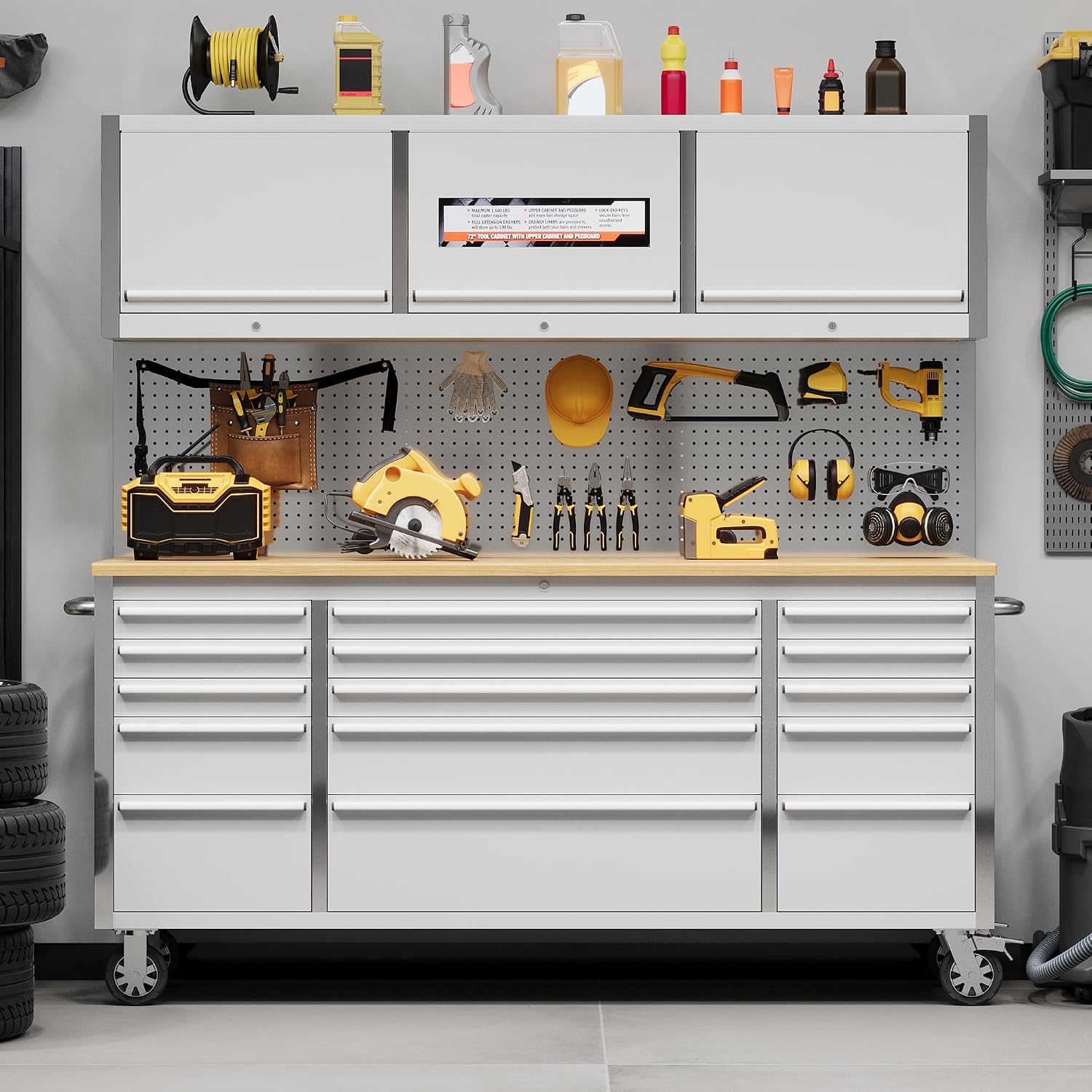 72' Rolling Tool Chest with 15 Drawers, Solid Rubber Wood Workbench Top, Locking Wheels & Key Lock, Mobile Garage Tool Cabinet for Workshop Storage and Organization, Silver