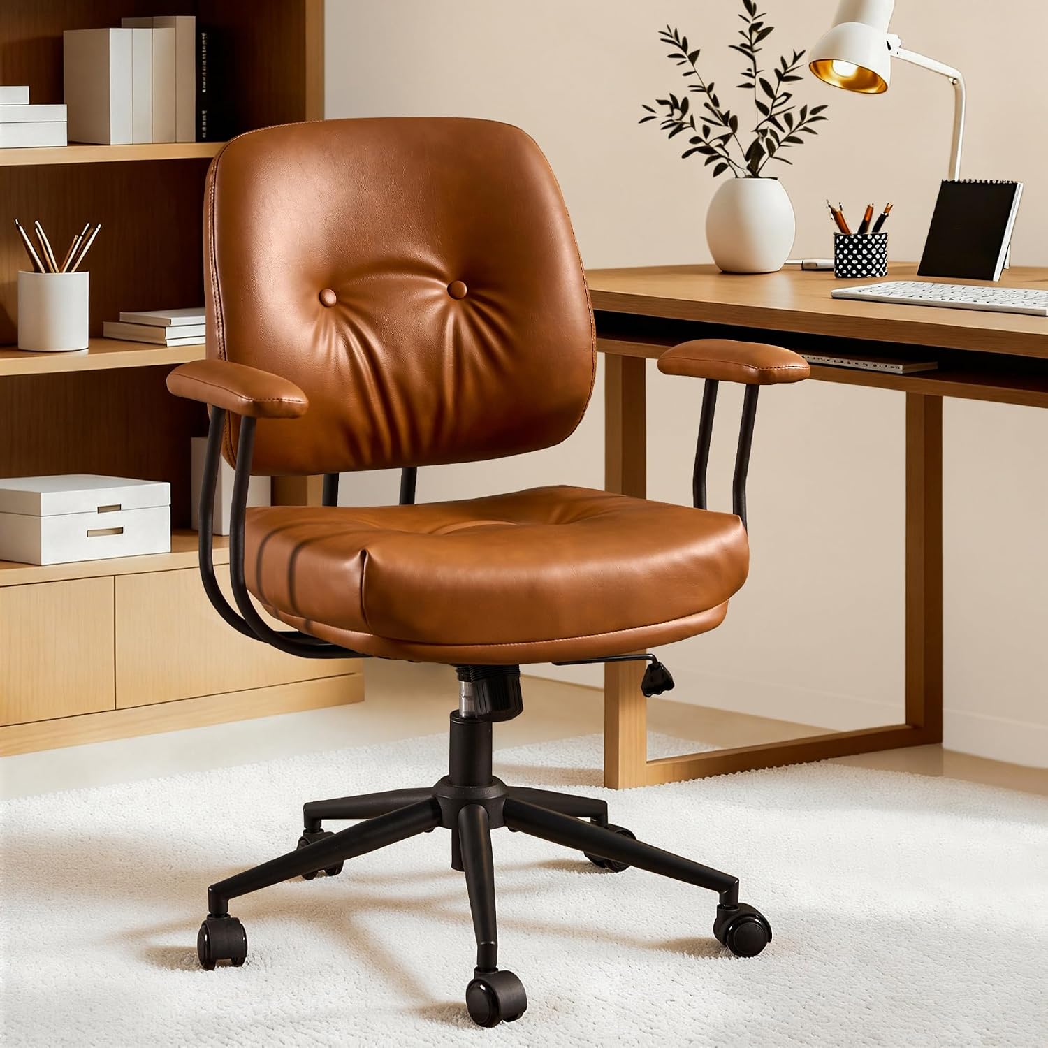 ovios Ergonomic Office Chair, Mid Back Faux Leather Executive Chairs with Thick Cushion, Comfy Mid-Century Modern Swivel Rolling Computer Armchair (Brown, PU Leather)