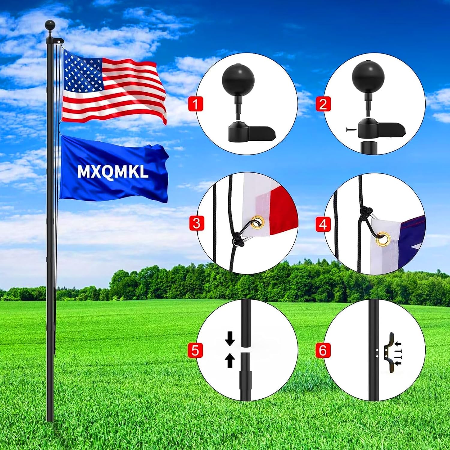 MXQMKL 12 Gauge Flag Pole for Outside House in Ground, 25FT Heavy Duty Flag Poles Kit, Extra Thick Outdoor Flagpole with 3x5 American Flag for Residential and Commercial, Black