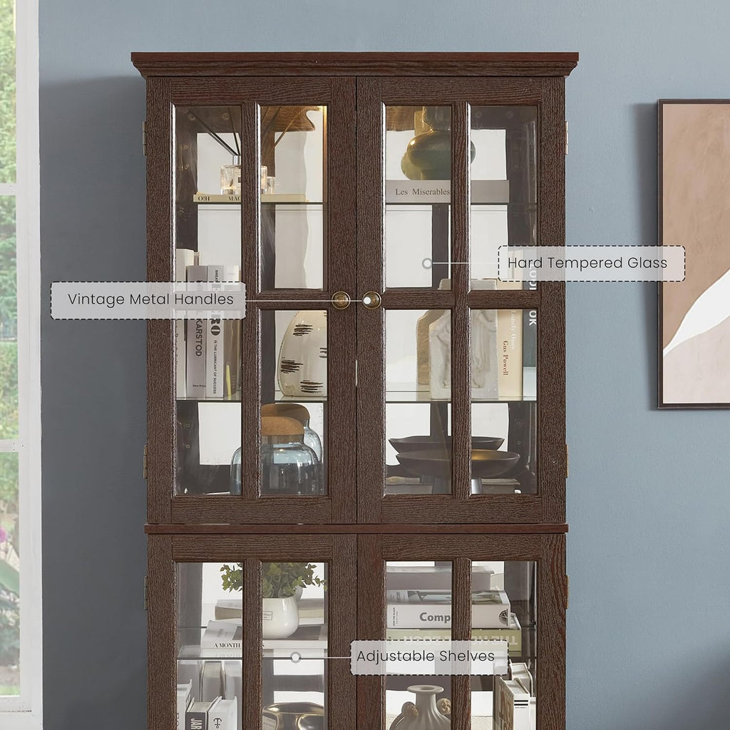 Glass Display Cabinet, 69' H Curio Cabinet with Adjustable Shelves and 4 Glass Doors, Light Bulb Included, Elegant Antique Showcase, Rack for Living Room/Home Office (Dark Cherry)
