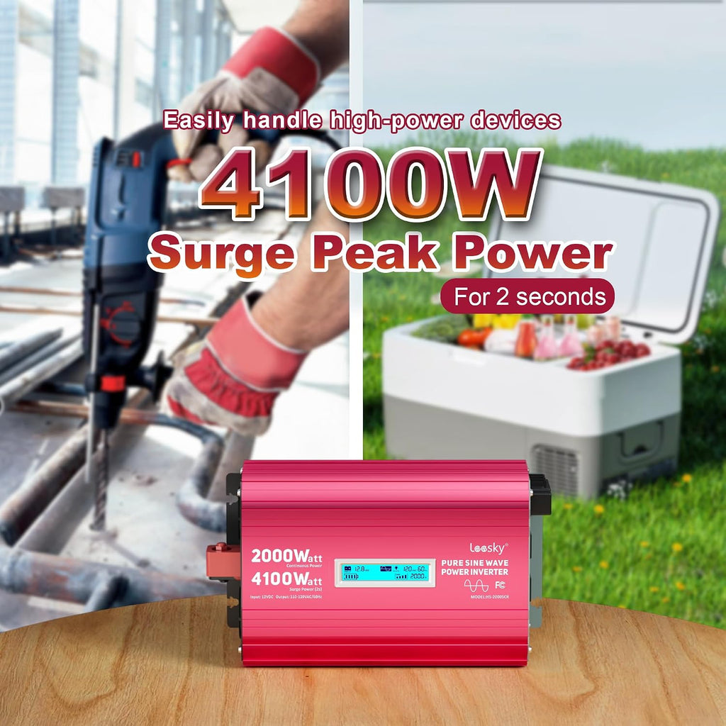 2000 Watt Pure Sine Wave Inverter 12V to 110V 120V AC 4100W Surge Peak Power for 2s Remote Control PD36W USB-C Compatible with Lithium Battery Starlink for Off-Grid Solar System RV Car Home LEESKY