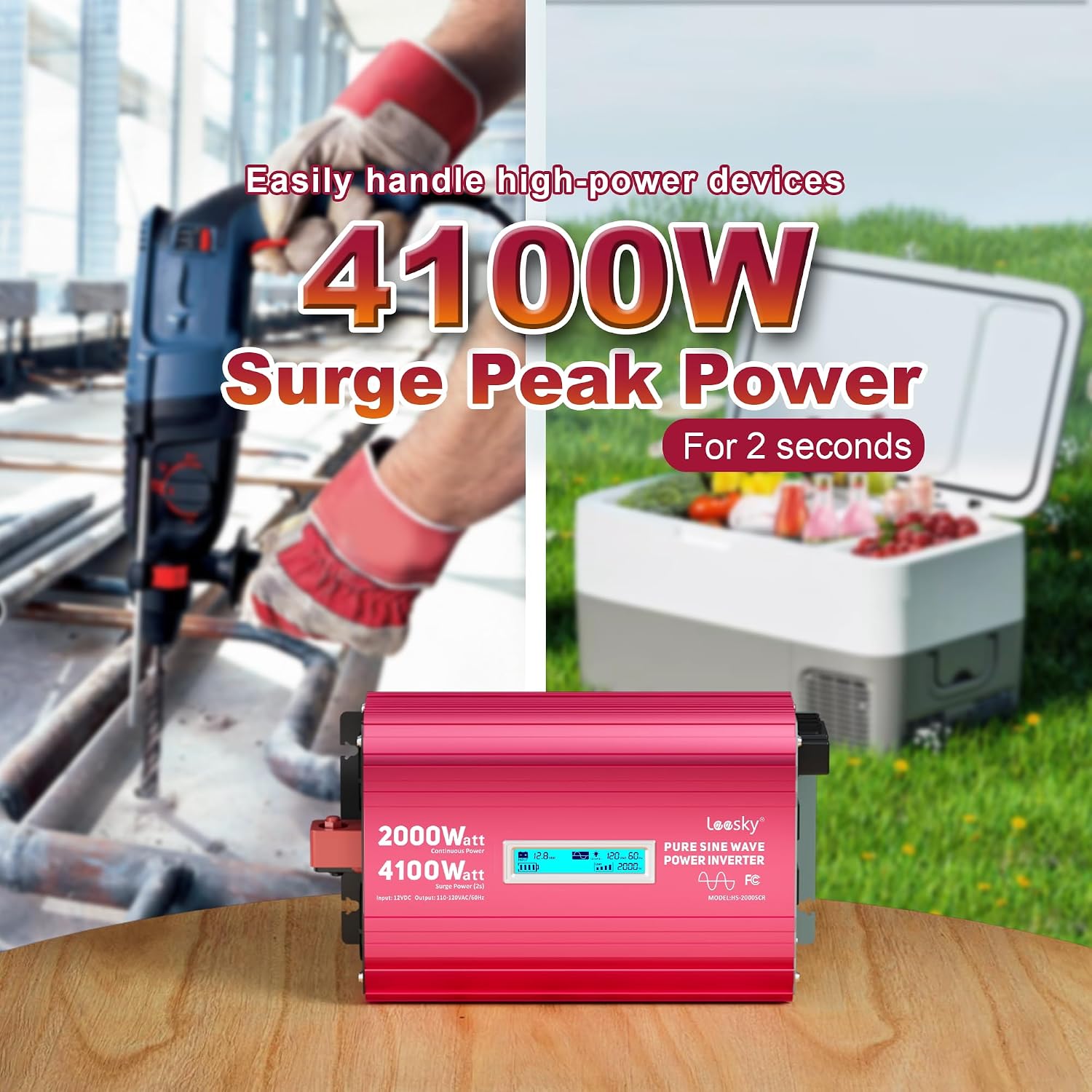 2000 Watt Pure Sine Wave Inverter 12V to 110V 120V AC 4100W Surge Peak Power for 2s Remote Control PD36W USB-C Compatible with Lithium Battery Starlink for Off-Grid Solar System RV Car Home LEESKY