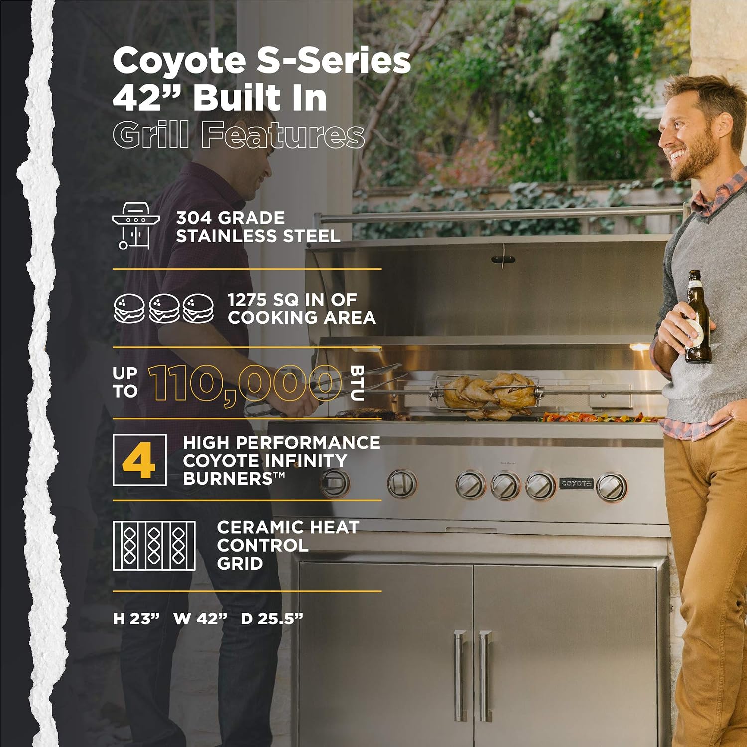 Coyote S-Series Propane Gas Grill, 42-in. 4-Burner Built-in Grill with RapidSear Infrared Burner & Rotisserie - C2SL42LP