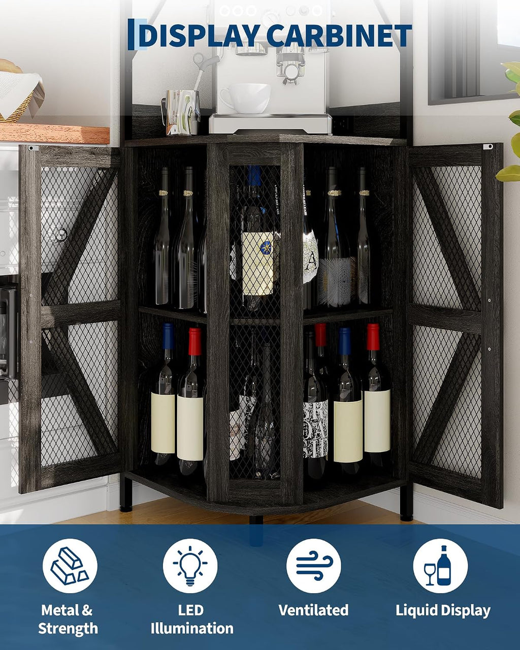 Garvee 72in Corner Wine Cabinet with Power Outlet, Industrial Wine Cabinet w/LED Strip&Glass Holder, 5-Tiers Liquor Cabinets Bar for Home, Small Space, Display Cabinets for, 12 Colors, Mesh Door