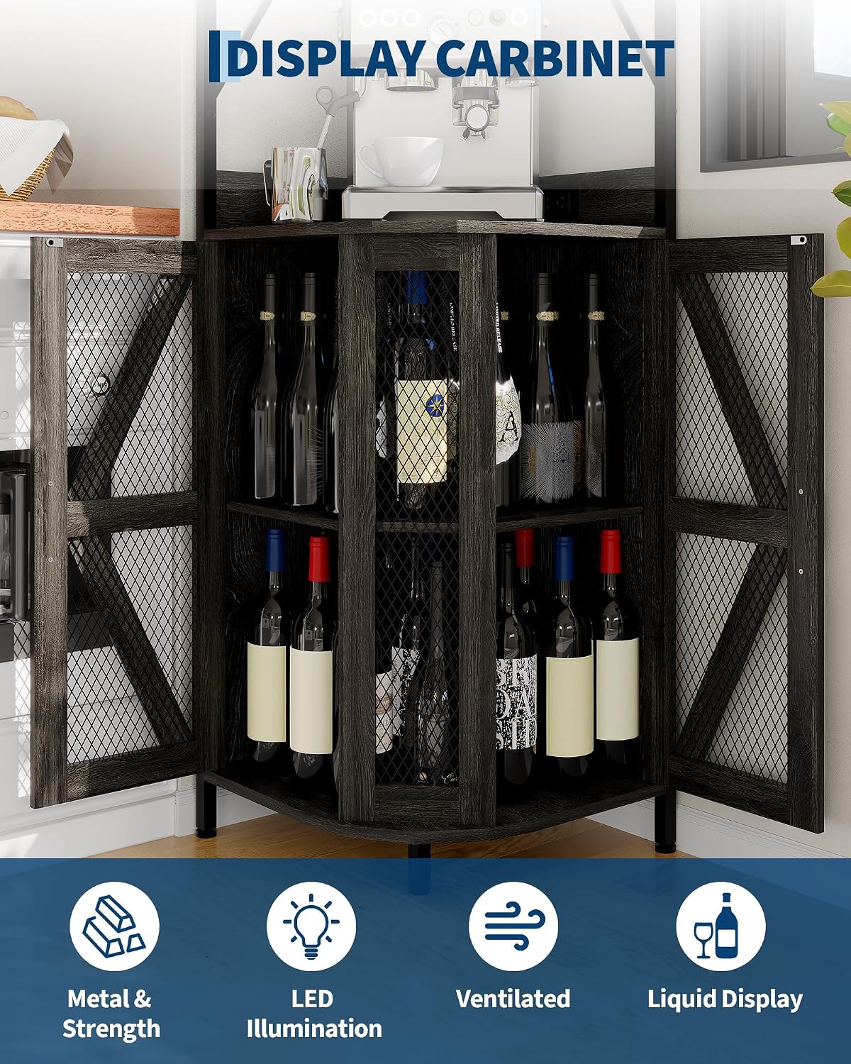 Garvee 72in Corner Wine Cabinet with Power Outlet, Industrial Wine Cabinet w/LED Strip&Glass Holder, 5-Tiers Liquor Cabinets Bar for Home, Small Space, Display Cabinets for, 12 Colors, Mesh Door