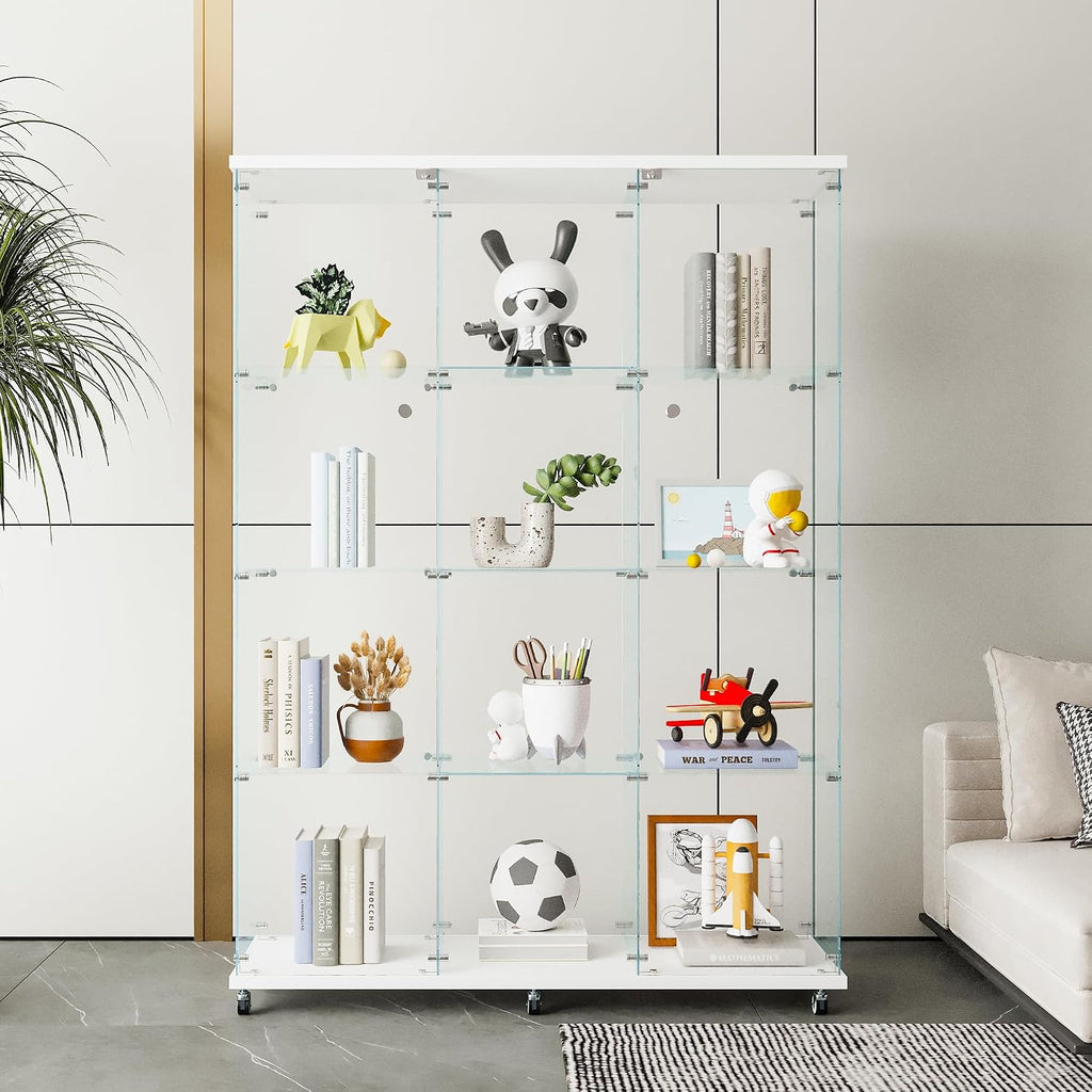 4 Shelves Glass Display Cabinet Extra Large, Curio Collection Glass Display Case for Home Office, Floor Standing Bookshelf Corner Cabinet for Book Toys Glory (White)