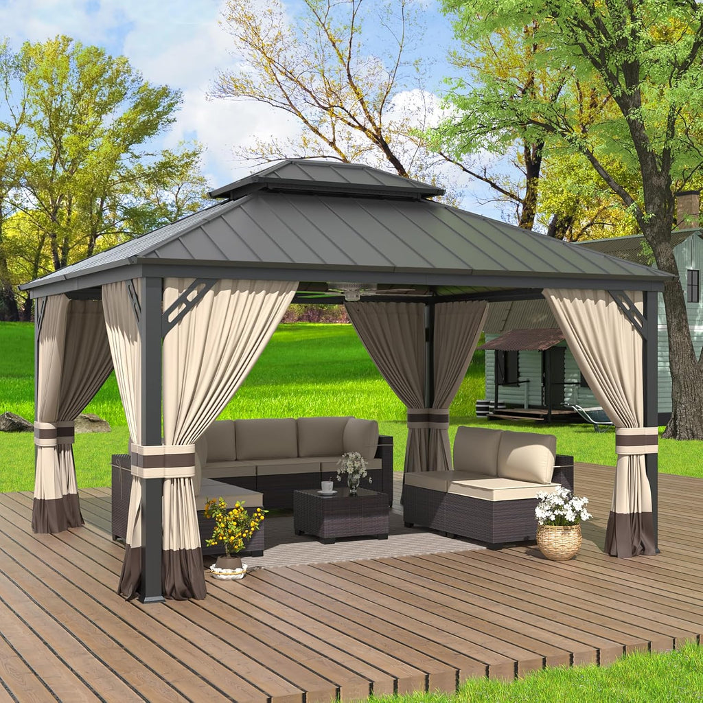 ALAULM 12'x14' Hardtop Gazebo, Outdoor Double Roof Canopy with Netting and Curtains, Galvanized Metal Frame, Sunshade for Patio, Backyard, Deck and Lawns-Sand