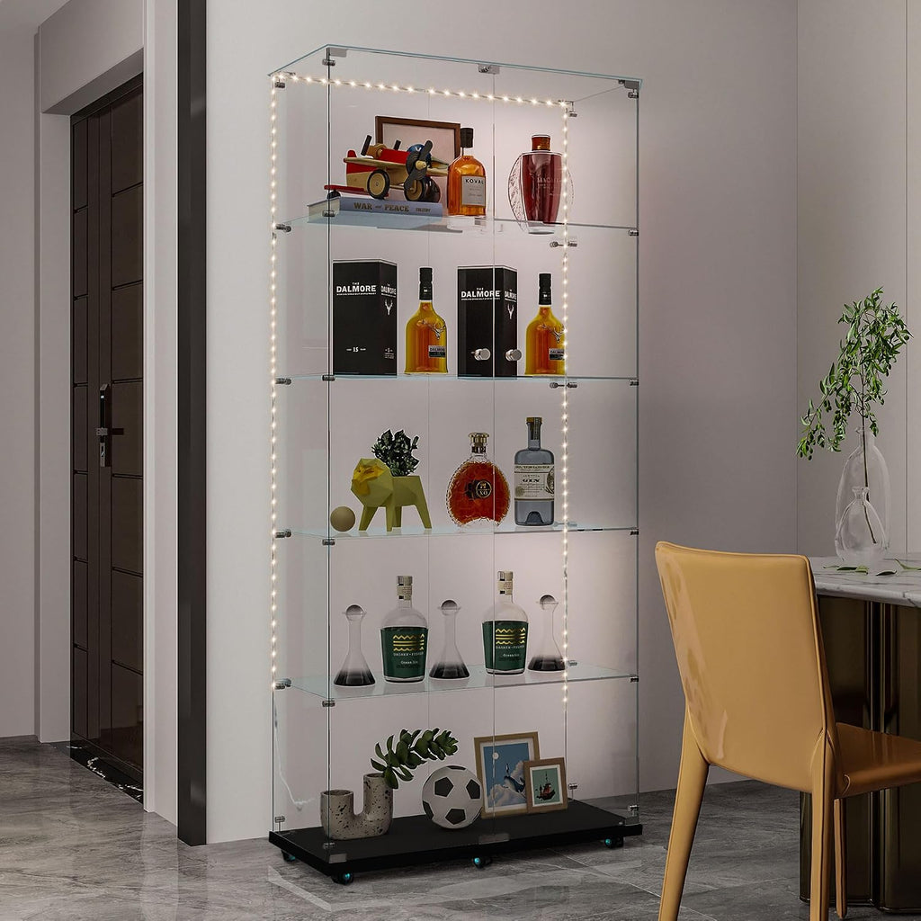 Modern Glass Display Cabinet 5-Shelf with LED Light, Lock and Wheels, 2 Door Curio Cabinets, Tempered Glass Collection Display Showcase for Living Room Home Office,Black