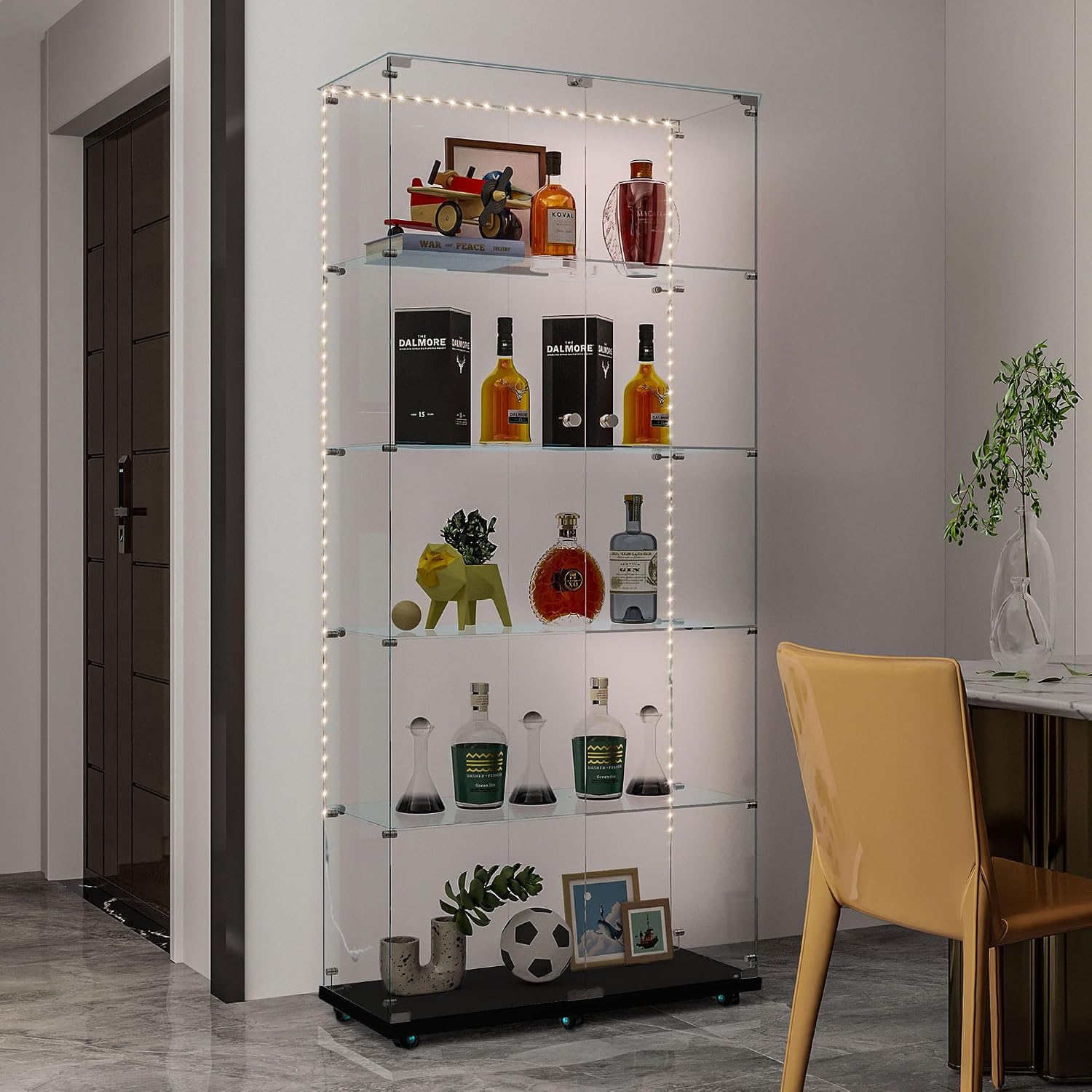Modern Glass Display Cabinet 5-Shelf with LED Light, Lock and Wheels, 2 Door Curio Cabinets, Tempered Glass Collection Display Showcase for Living Room Home Office,Black