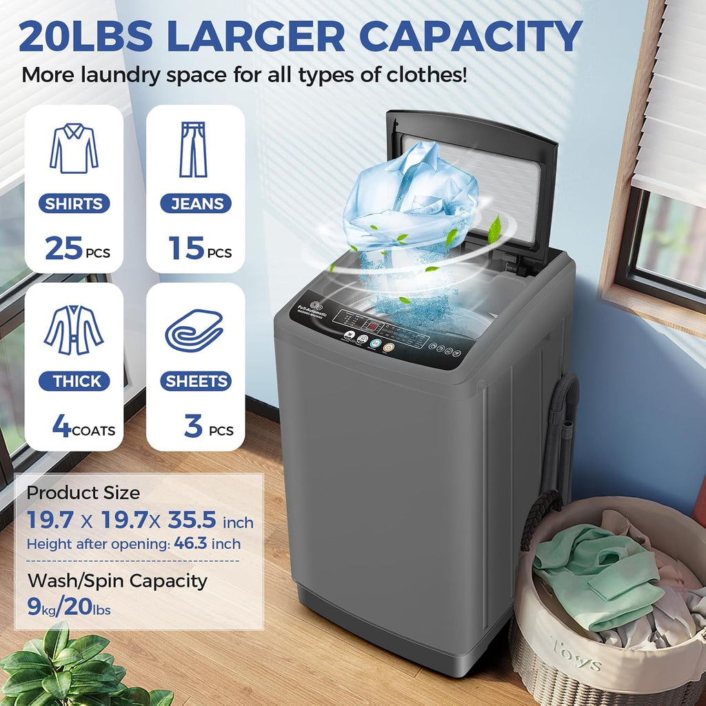 Nictemaw Portable Washing Machine 20Lbs Portable Washer Machine with Drain Pump, 2.8 Cu.ft Washer and Dryer Combo with 10 Programs 8 Water Levels Laundry Machine for Apartments- Slow-Close Glass Cover
