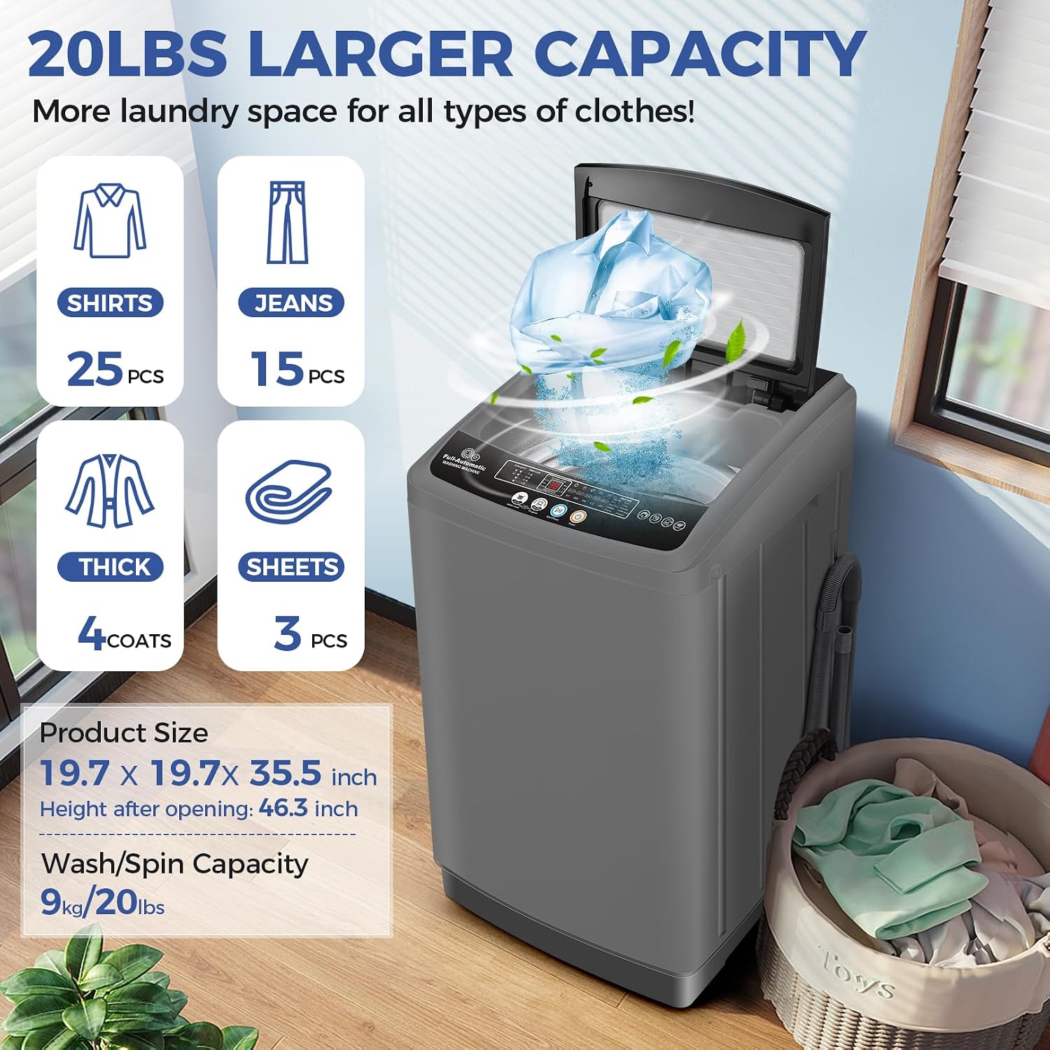 Nictemaw Portable Washing Machine 20Lbs Portable Washer Machine with Drain Pump, 2.8 Cu.ft Washer and Dryer Combo with 10 Programs 8 Water Levels Laundry Machine for Apartments- Slow-Close Glass Cover
