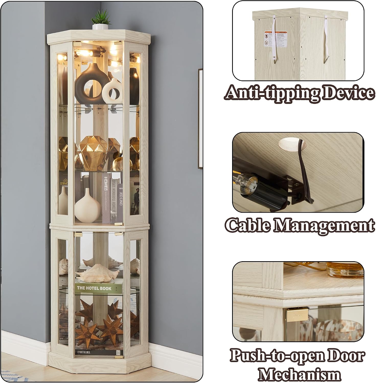 69' H Lighted Curio Cabinet Corner Display Case,Corner Glass Cabinet with Tempered Glass Door and Adjustable Shelves,Wooden Curio Case with Mirrored Back Pane (Style 2 - Antique White)