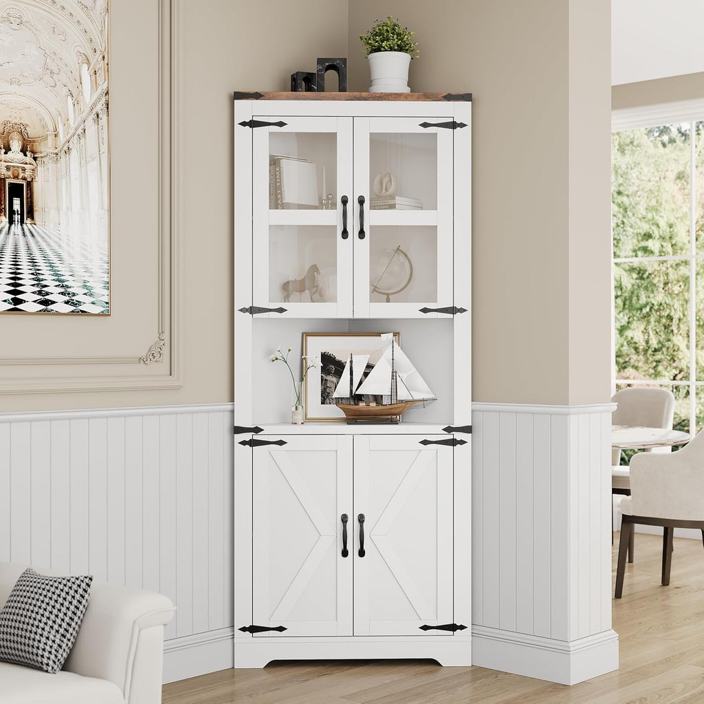 GarveeHome 67 in Tall Corner Storage Cabinet with Lights, Farmhouse Corner Hutch Display Cabinet with Glass Doors, Wooden Storage Organizer for Kitchen, Living Room, Bathroom, White