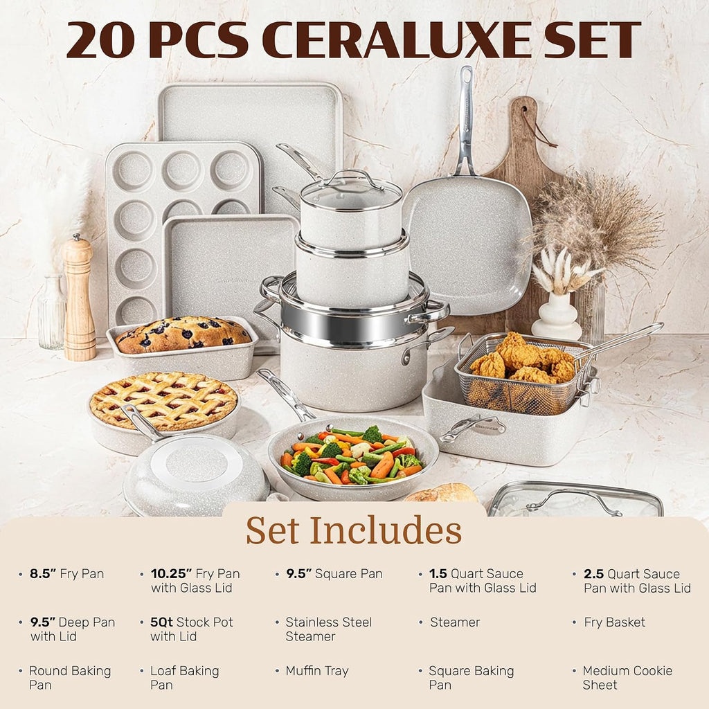 Granitestone Ceraluxe 20 Pc Ceramic Cookware Set Nonstick, Complete Pots and Pans Set Non Stick with 5 Pc Bakeware Set, Deep Frying Pan Set, & Steamer, Non Toxic PFOA Free, Oven & Dishwasher Safe
