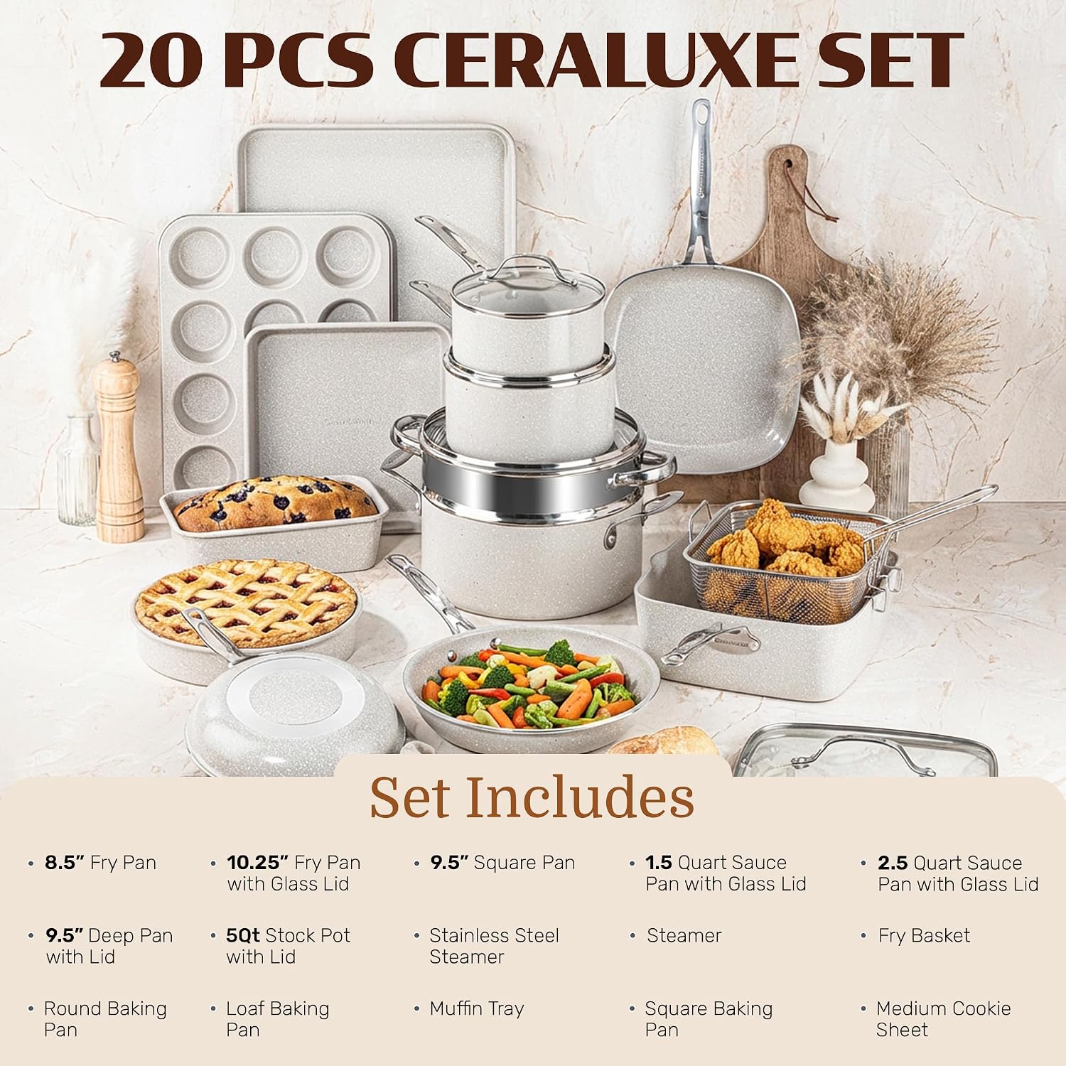 Granitestone Ceraluxe 20 Pc Ceramic Cookware Set Nonstick, Complete Pots and Pans Set Non Stick with 5 Pc Bakeware Set, Deep Frying Pan Set, & Steamer, Non Toxic PFOA Free, Oven & Dishwasher Safe