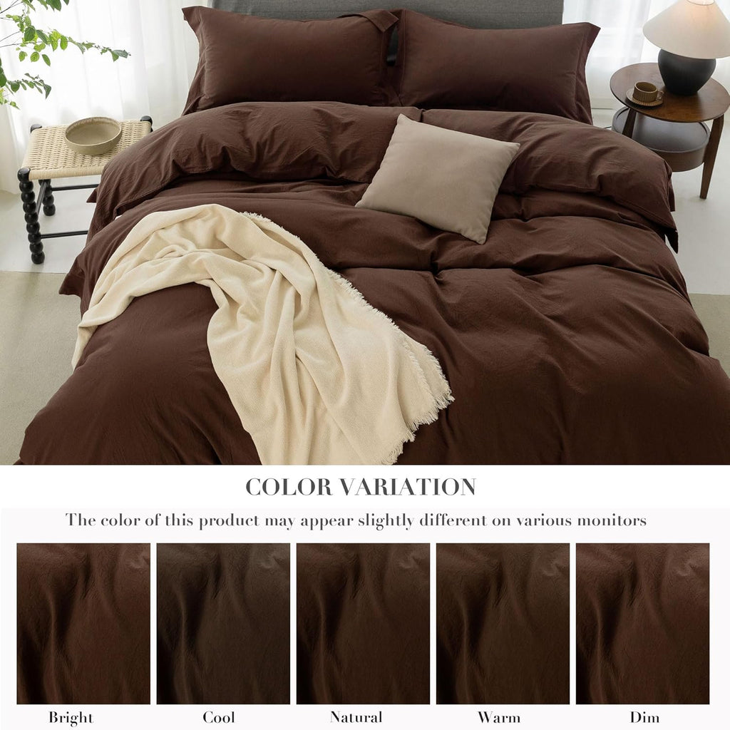 Cooling Duvet Cover Set 3 Pieces-100% Washed Cotton with Chic Wide Trim Design Linen Like Textured Ultra Soft Cozy Bedding with Zipper Closure(Hemmed Cocoa Brown,Oversized King 120'x98')