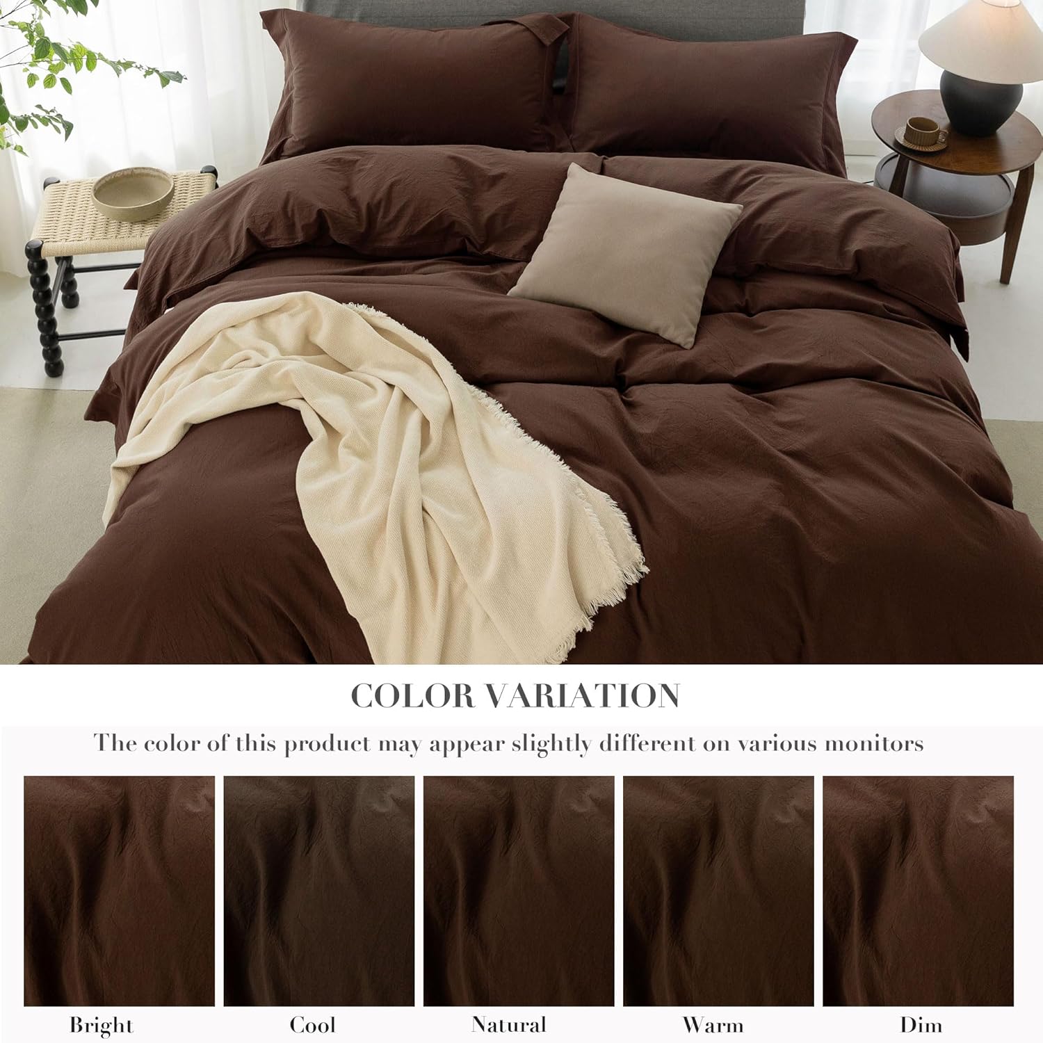 Cooling Duvet Cover Set 3 Pieces-100% Washed Cotton with Chic Wide Trim Design Linen Like Textured Ultra Soft Cozy Bedding with Zipper Closure(Hemmed Cocoa Brown,Oversized King 120'x98')