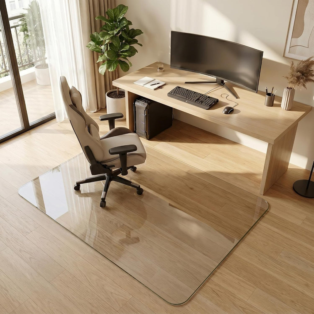 Tempered Glass Chair Mat for Hardwood Floor, 36' x 55' Heavy Duty Glass Office Chair Mat, for Low Pile Carpet, 0.2' Thick with 4 Non-Slip Pads, Smooth Rolling for Home & Office