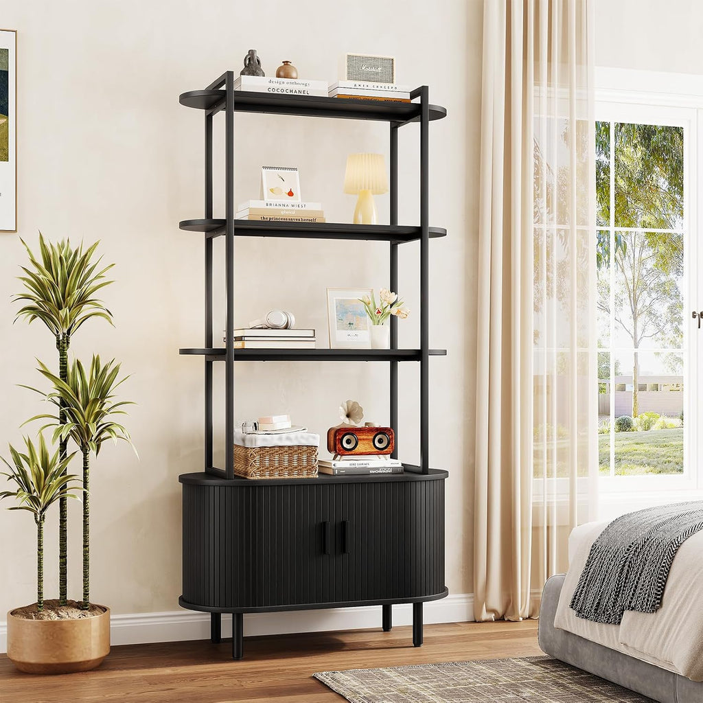 5 Tier Tall Bookshelf with Cabinet, Fluted Bookcase with Sliding Door, Metal and Wood Display Shelf, Free Standing Storage Shelving Unit, Corner Storage Organizer for Living Room, Home Office, Black