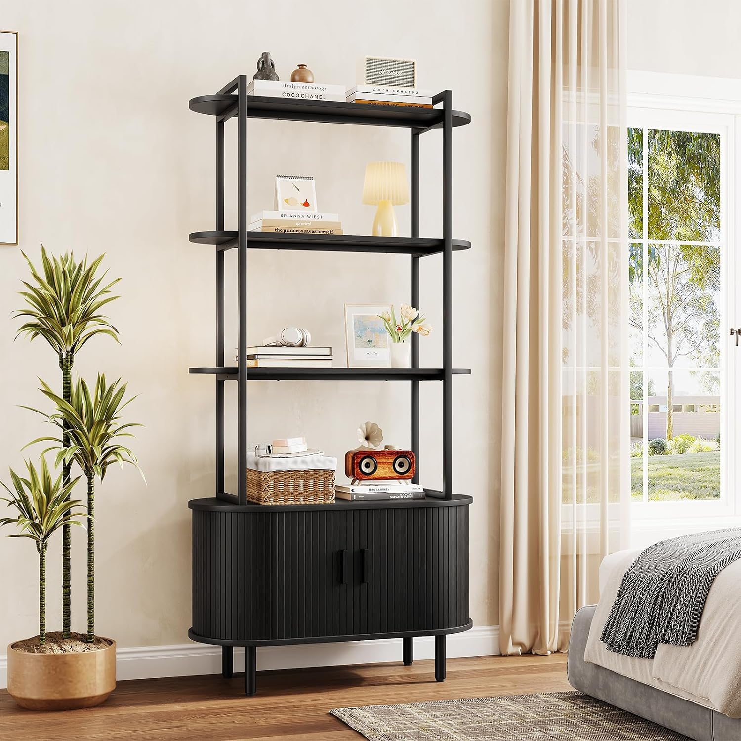 5 Tier Tall Bookshelf with Cabinet, Fluted Bookcase with Sliding Door, Metal and Wood Display Shelf, Free Standing Storage Shelving Unit, Corner Storage Organizer for Living Room, Home Office, Black