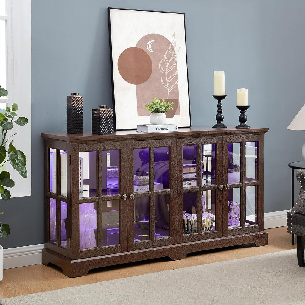 4 Door Curio Display Cabinet w/LED Light & Adjustable Shelves,59' Multipurpose Tableware Display Sideboard w/Mirrored Back Pane,Glass Storage TV Stand for Kitchen & Living Room (Cherry)