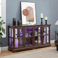 4 Door Curio Display Cabinet w/LED Light & Adjustable Shelves,59' Multipurpose Tableware Display Sideboard w/Mirrored Back Pane,Glass Storage TV Stand for Kitchen & Living Room (Cherry)