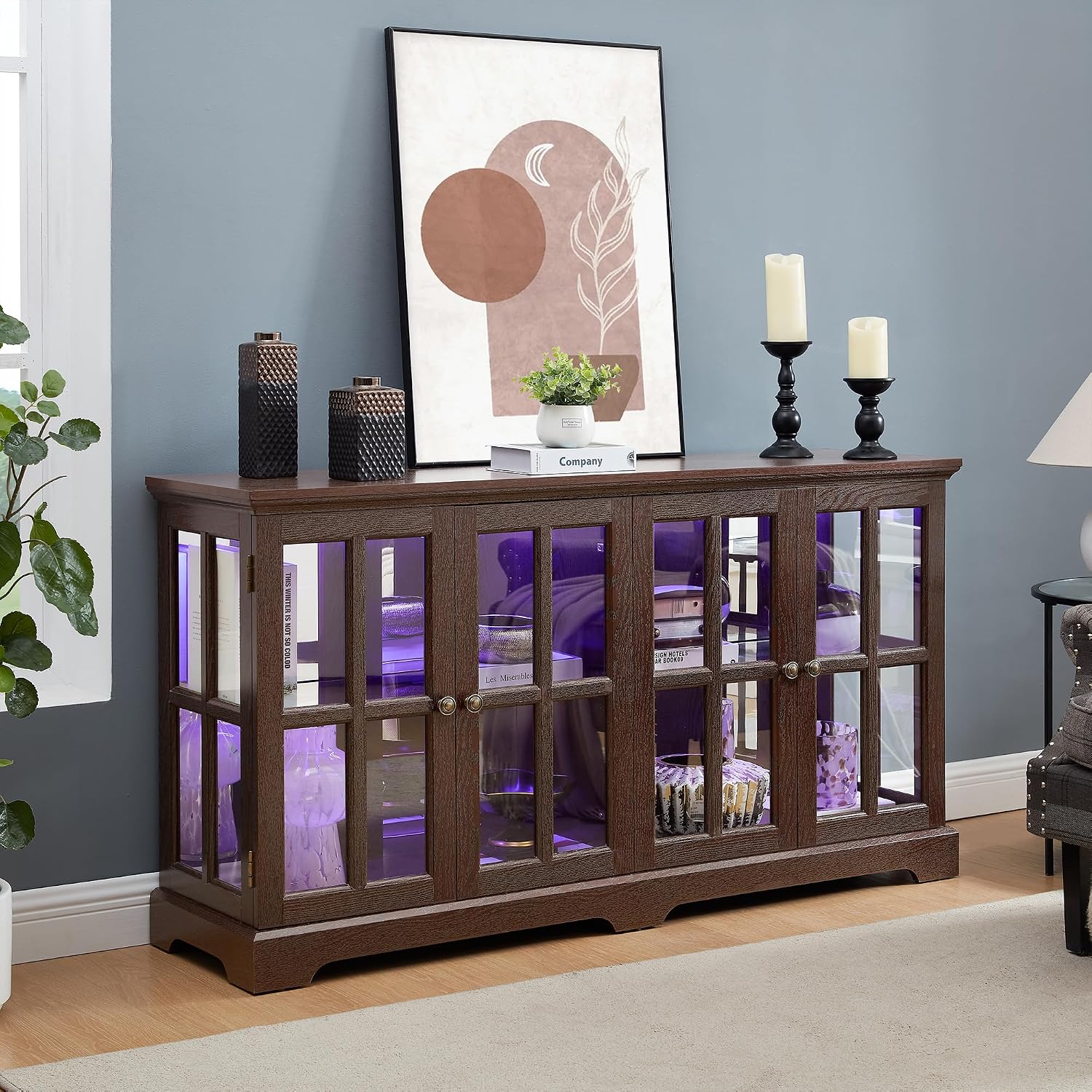 4 Door Curio Display Cabinet w/LED Light & Adjustable Shelves,59' Multipurpose Tableware Display Sideboard w/Mirrored Back Pane,Glass Storage TV Stand for Kitchen & Living Room (Cherry)