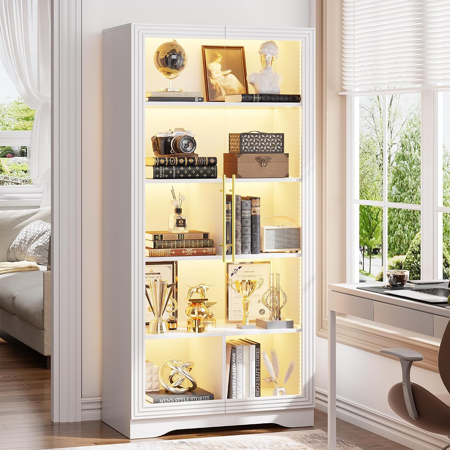 LVSOMT Display Cabinet with Glass Doors and Adjustable Shelves, 65' Tall Bookcase with LED Lights and Human Sensor, 5 Tier Display Case for Collectibles with Storage, Home Office Living Room, White