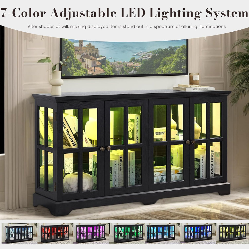 59' W LED Curio Cabinet with 7 Color Lights, Vintage Glass Display Case with Glass Doors, Smartphone-Controlled, Short Wooden China Cabinet with Adjustable Shelves for Living Room, Entryway (Black)