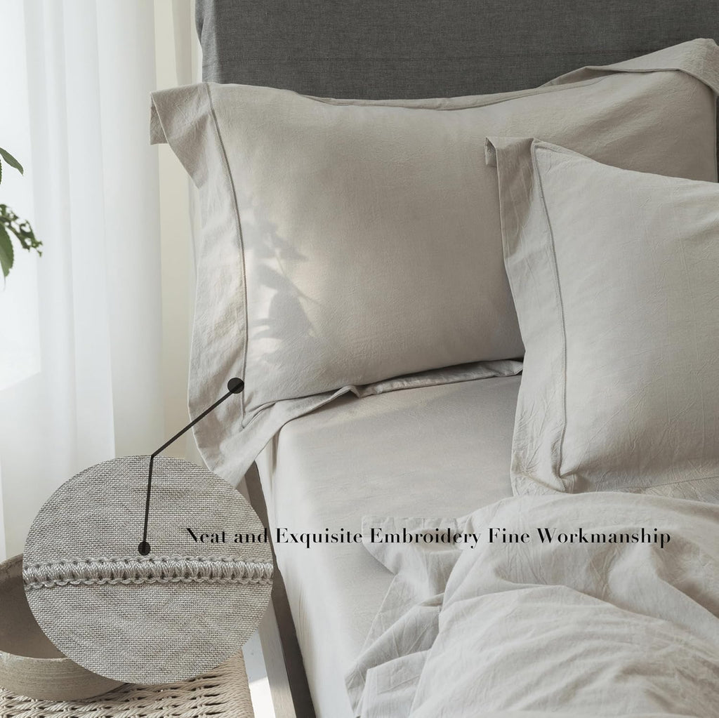 Cooling Duvet Cover Set 3 Pieces-100% Washed Cotton with Chic Wide Trim Design Linen Like Textured Ultra Soft Cozy Bedding with Zipper Closure(Hemmed Beige Grey,Oversized King 120'x98')