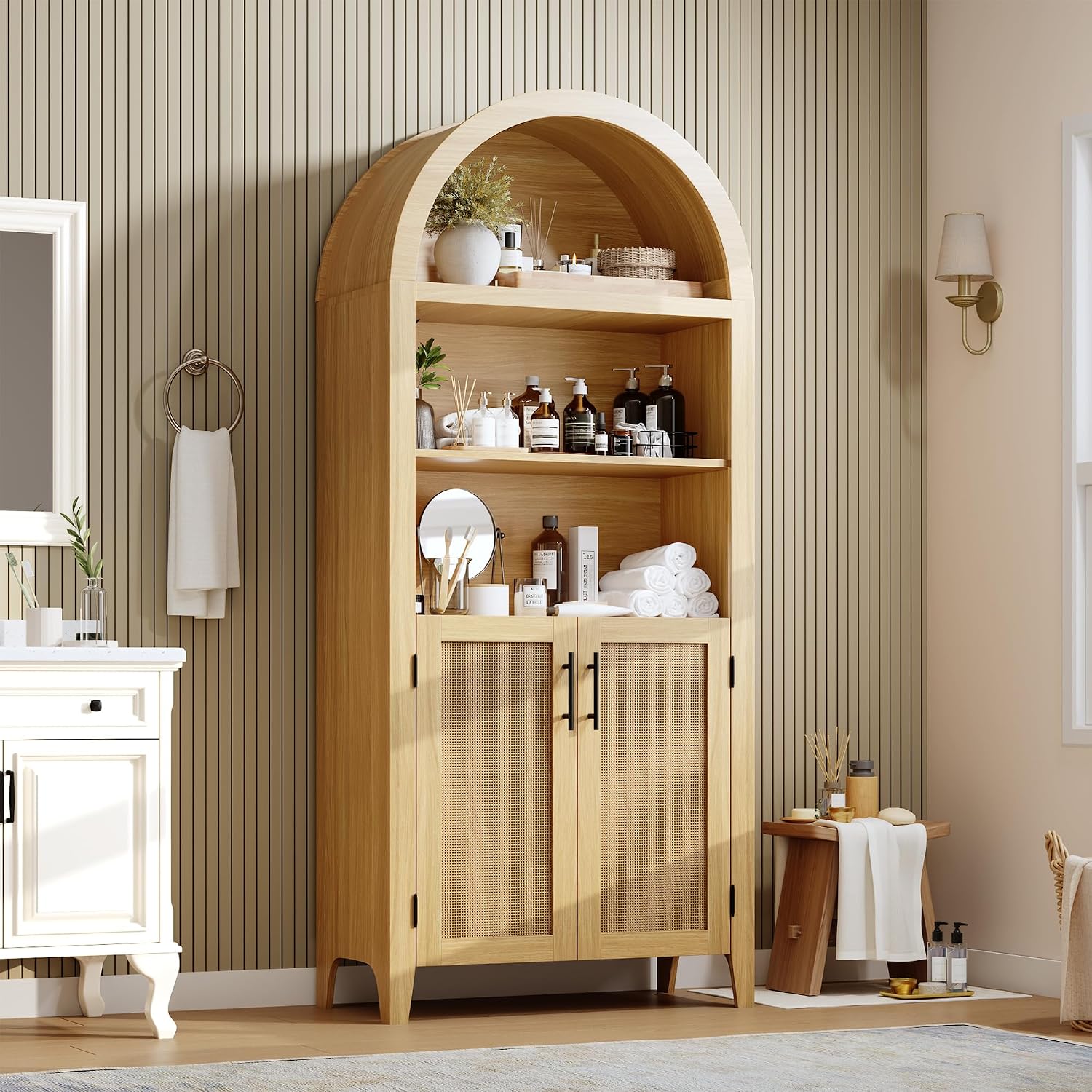 IDEALHOUSE Arched Kitchen Pantry Cabinet with Doors - 5-Tier Open Display Shelf with Rattan Decor, Farmhouse Storage Cabinet for Kitchen, Dining Room, Living Room, Natural