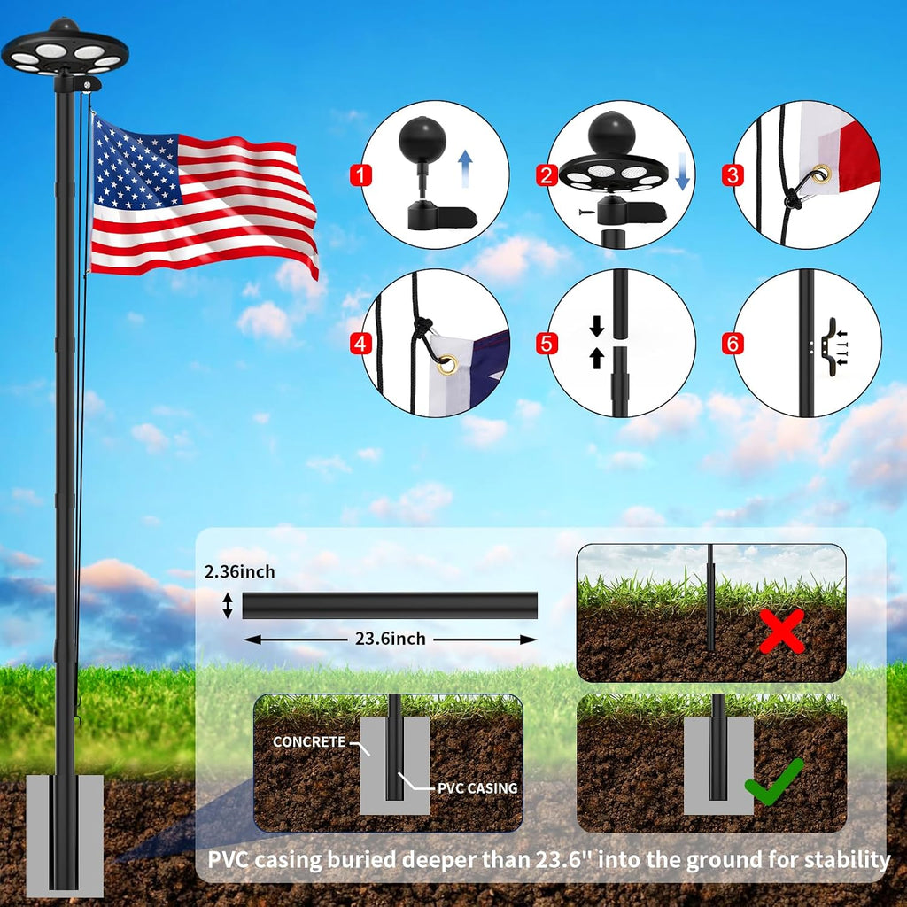 MXQMKL 11 Gauge Heavy Duty Flag Pole Kit with Solar Light,20FT Flagpoles for Outside House in Ground Extra Thick Outdoor Flag Pole with 3x5 American Flag with Pole for Outside,120 MPH Wind Tested
