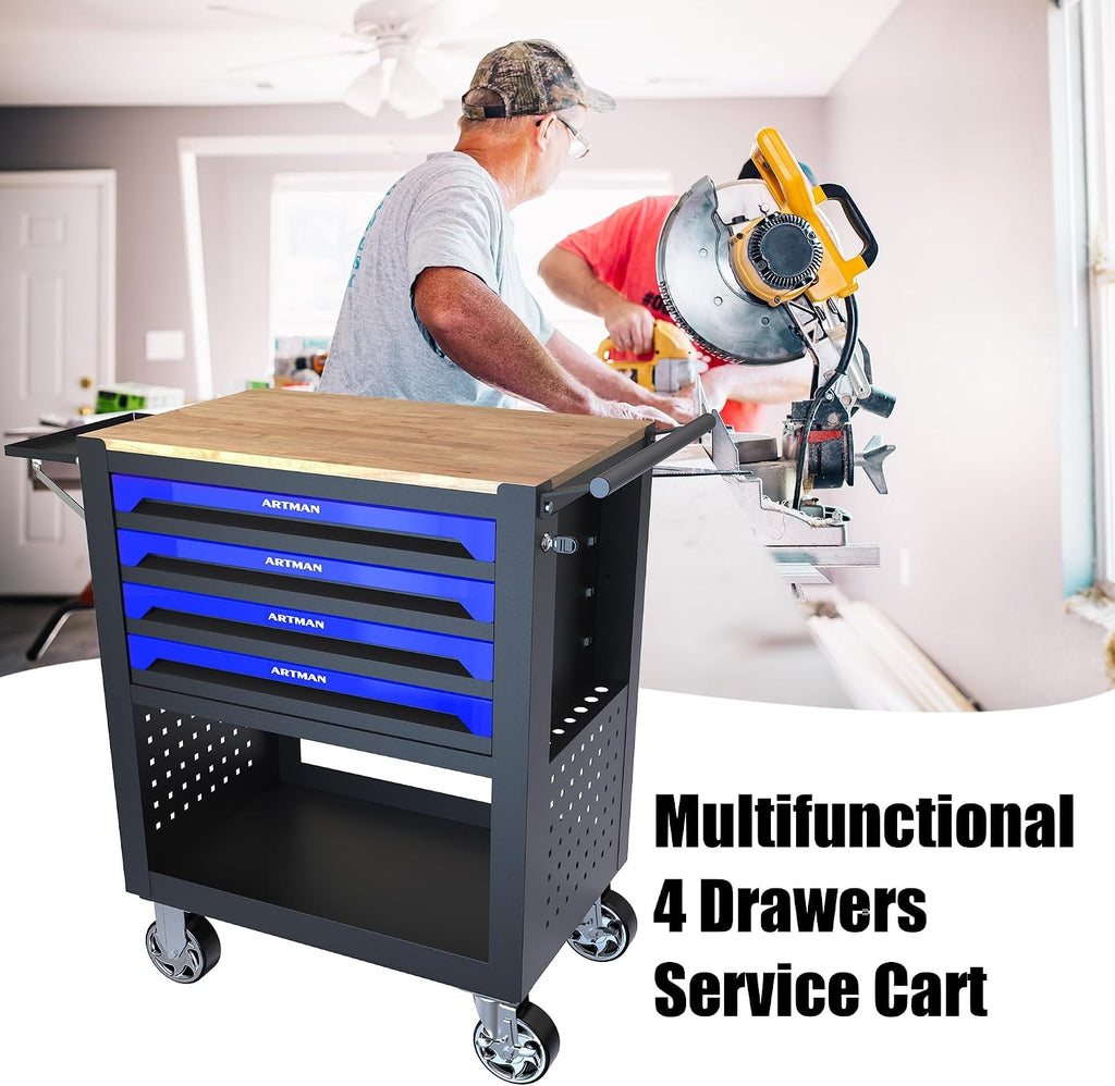 Tool Box with Wheels, Solid Wooden Workbench Top, Portable Garage Storage Cabinet on Wheels with Adjustable Side Shelf, Locking Casters, and Perforated Panels