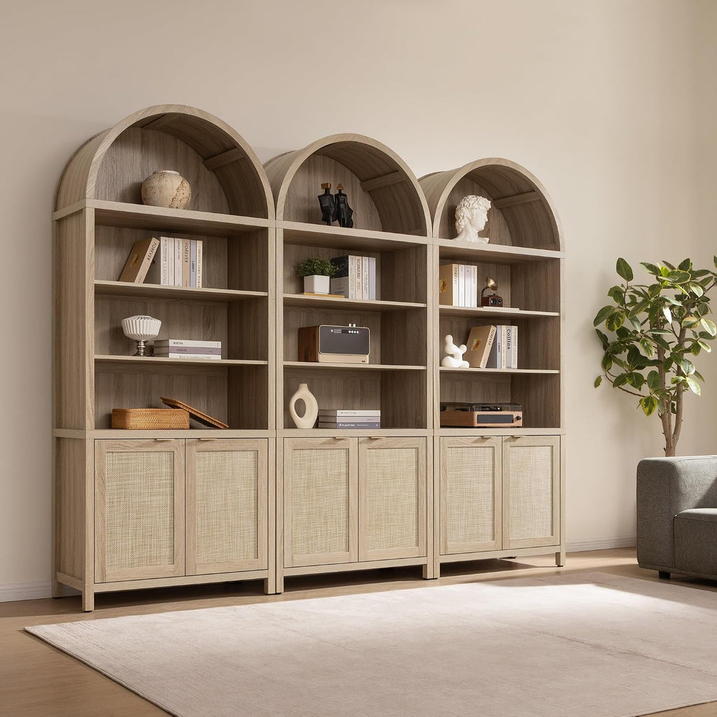SICOTAS Book Shelf Arched Cabinet Bookshelf Arch 84.2' Tall Bookcase 5 Tier Large Bookshelves with Doors Storage Rattan Boho Wide Book Shelves Case for Living Room Kitchen Office Bedroom Library
