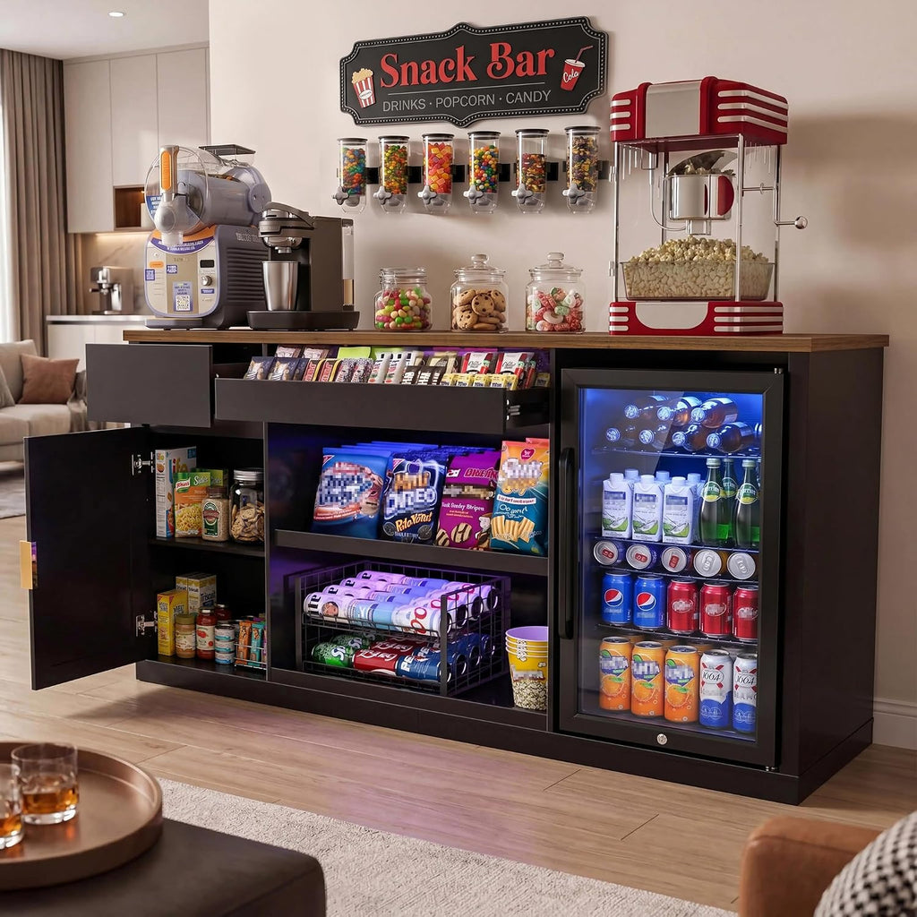 GDLF Snack Bar Cabinet with Fridge Space, 70.1' Snack Organizer with Storage and Candy Display Shelf, Coffee Station for Home Theater or Game Room with LED Lights, Black