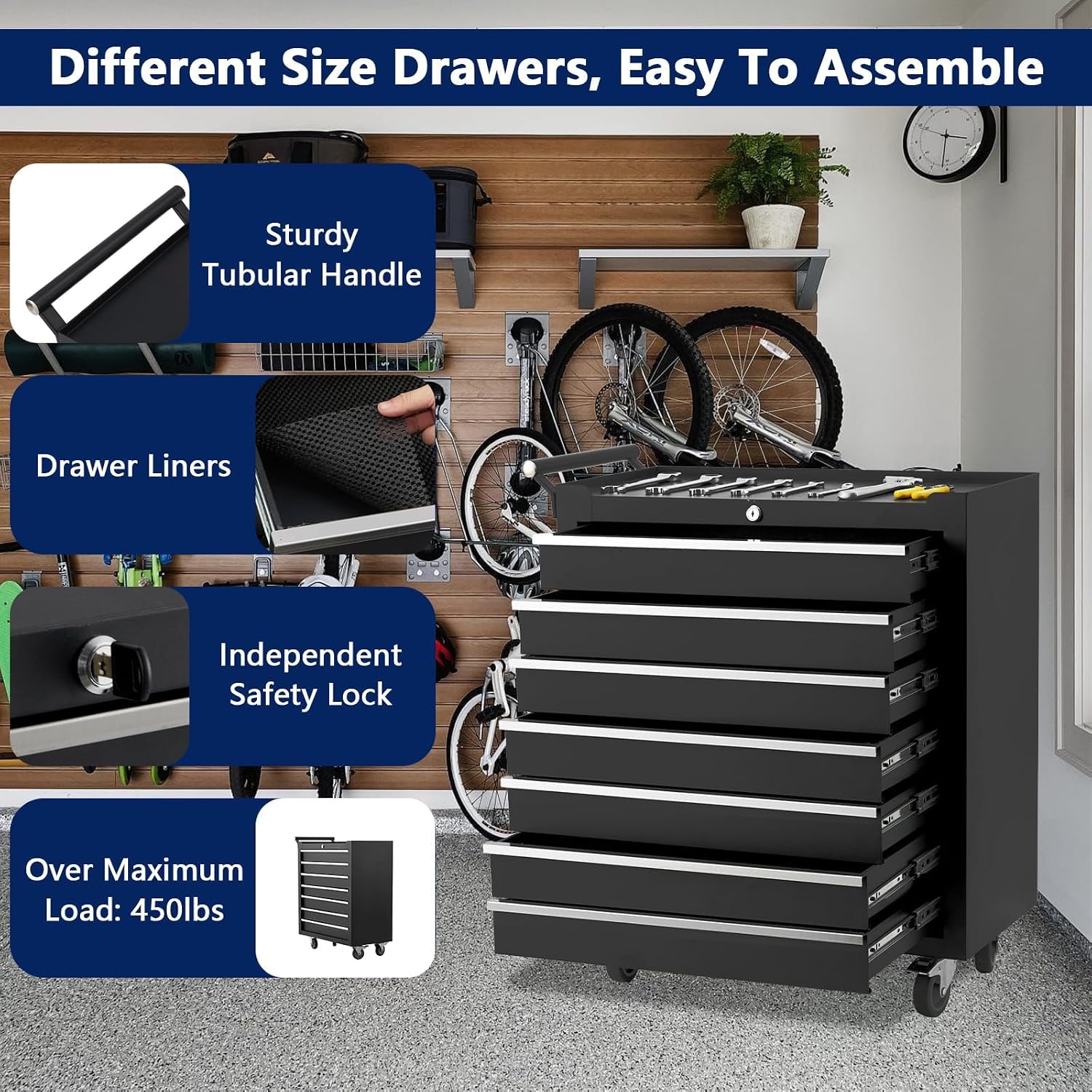 7-Drawer Rolling Tool Chest with Lock, Heavy-Duty Mobile Tool Storage Cabinet, Tool Cart Organizer for Garage Workshop