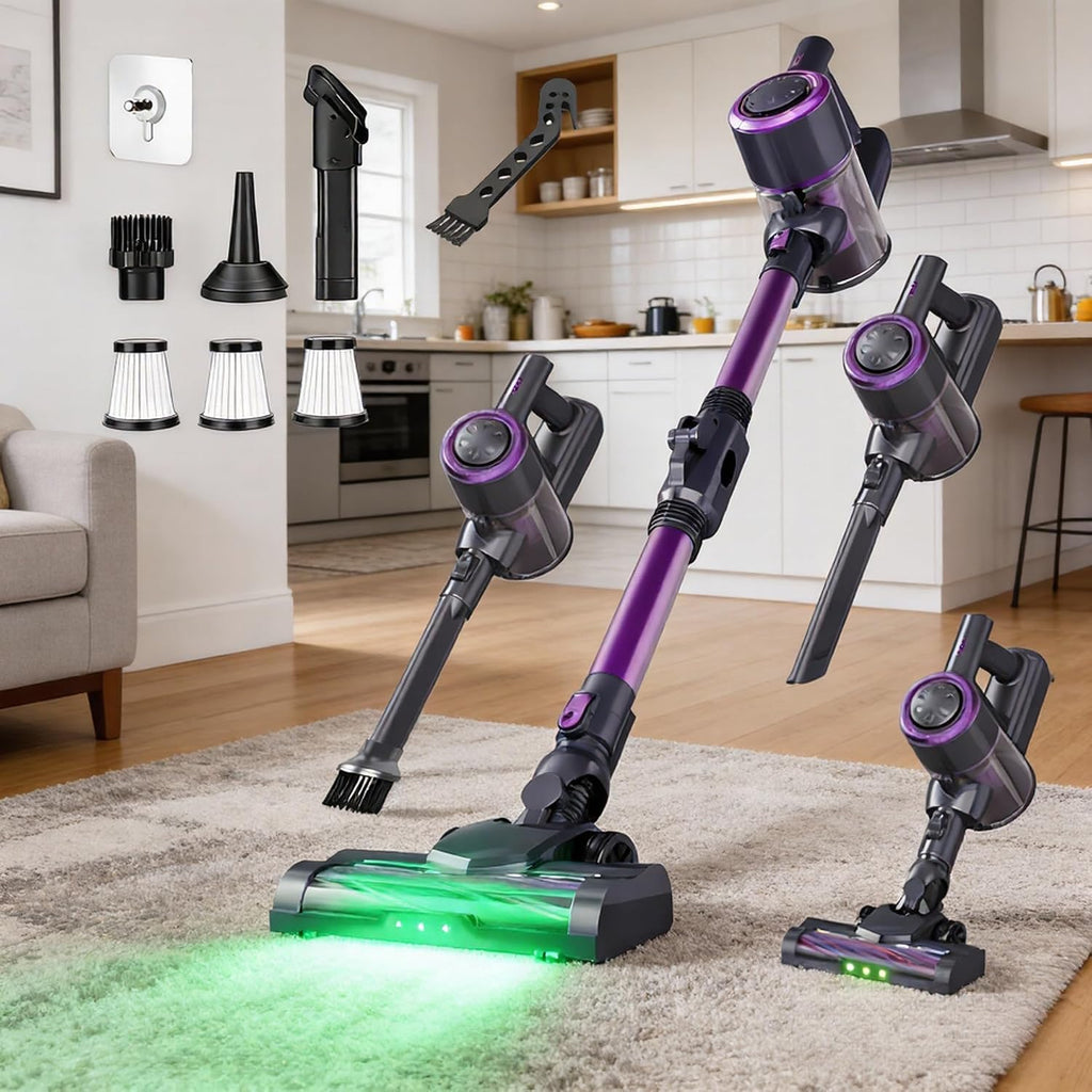 Cordless Vacuum Cleaner, Hardwood Floor Vacuum Cleaners for Home, Stick Wireless Vacuum with LED Light, 50 Min Runtime and Self-Standing, Lightweight Vacuum for Pet Hair, Carpets & Hard Floors