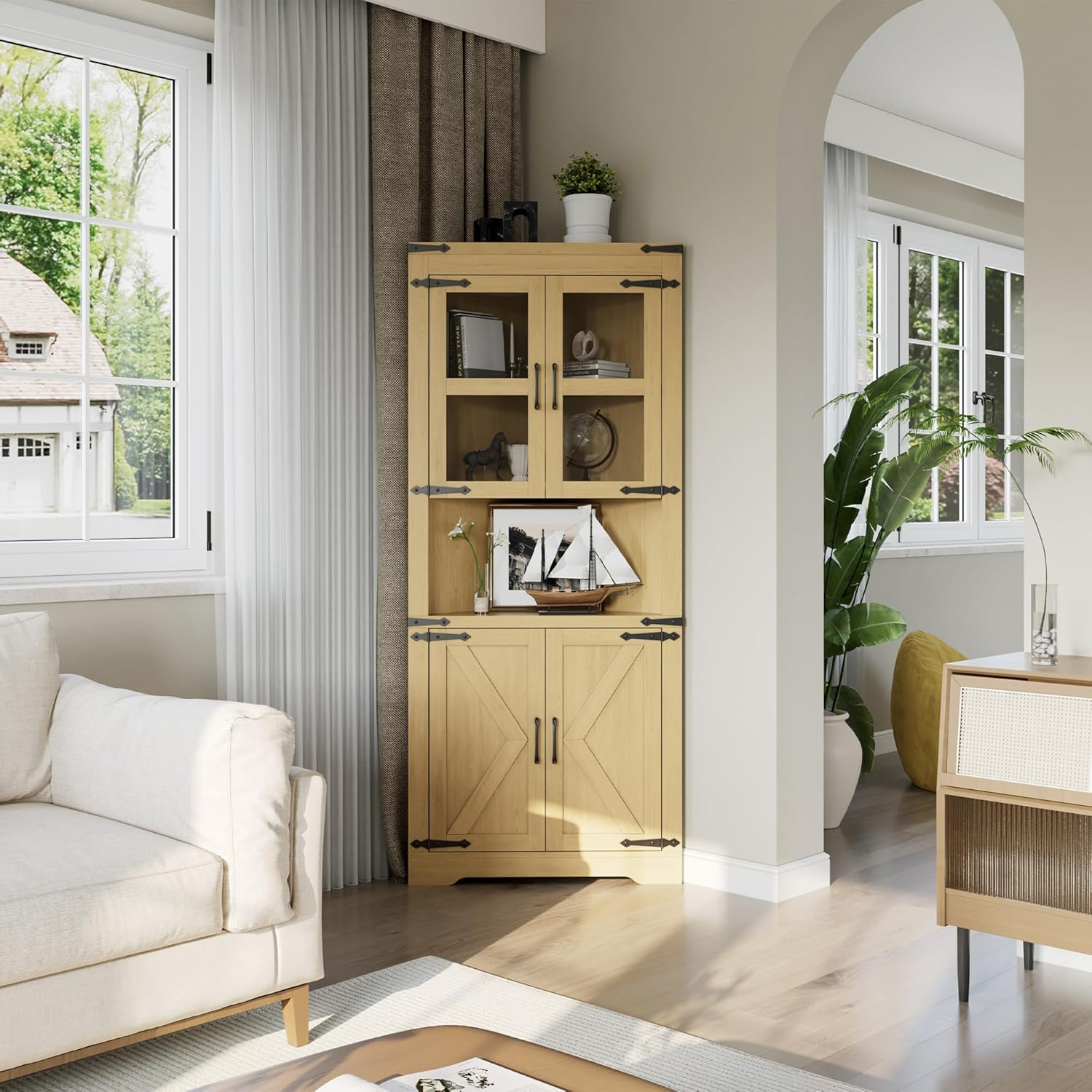 GarveeHome 67' Tall Corner Storage Cabinet, Farmhouse Corner Hutch Display Cabinet with Glass Doors, Wooden Storage Organizer for Kitchen, Living Room, Bathroom, Natural