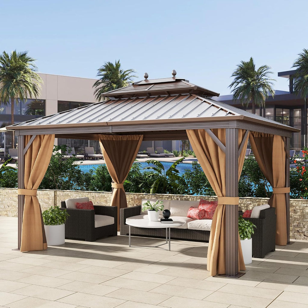 DWVO 10x12ft Hard top Gazebo Double Roof Galvanized Steel Outdoor Metal Pavilion Gazebo with Netting, Curtains for Backyard, Patio and Deck