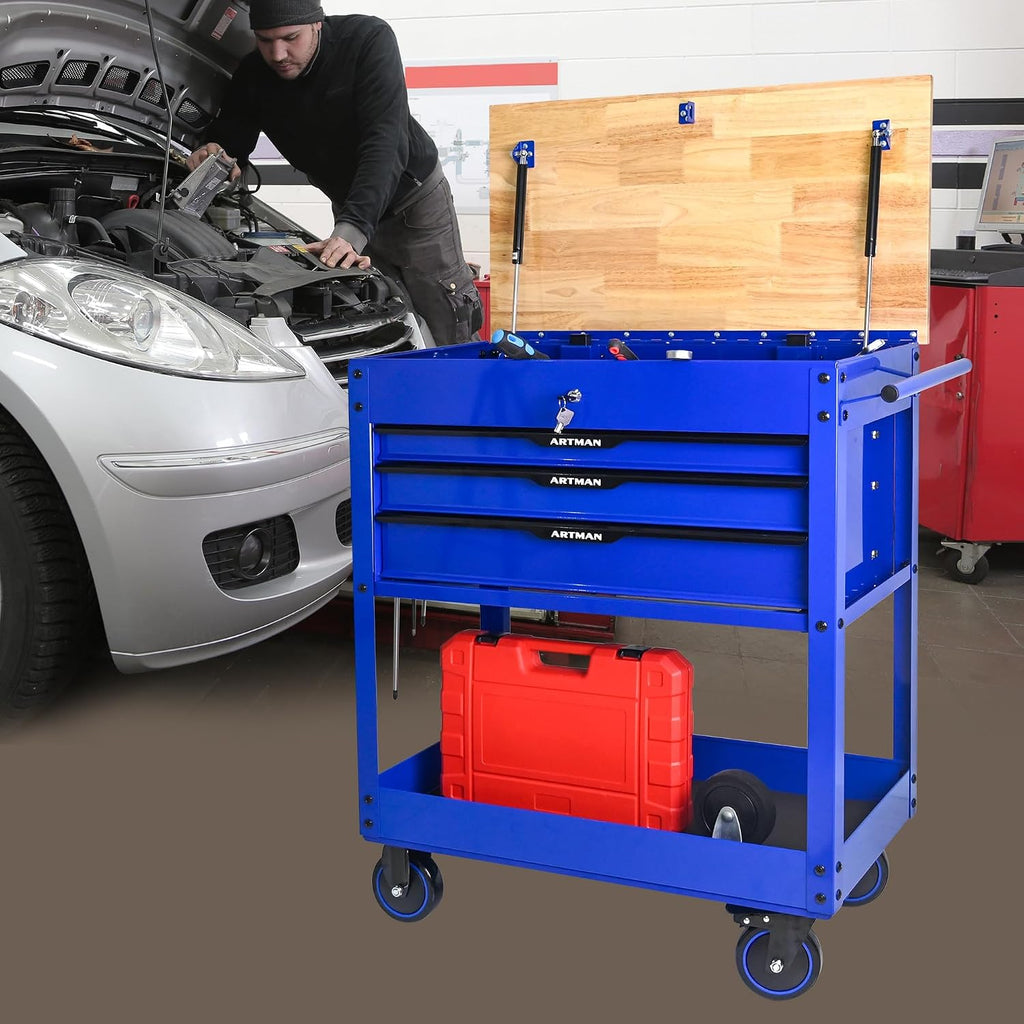 3-Drawer Rolling Tool Cart with Lift-Up Wooden Top, Heavy Duty Mobile Tool Cabinet with Secure Lock and Wheels, Multi-Functional Storage for Garage and Workshop