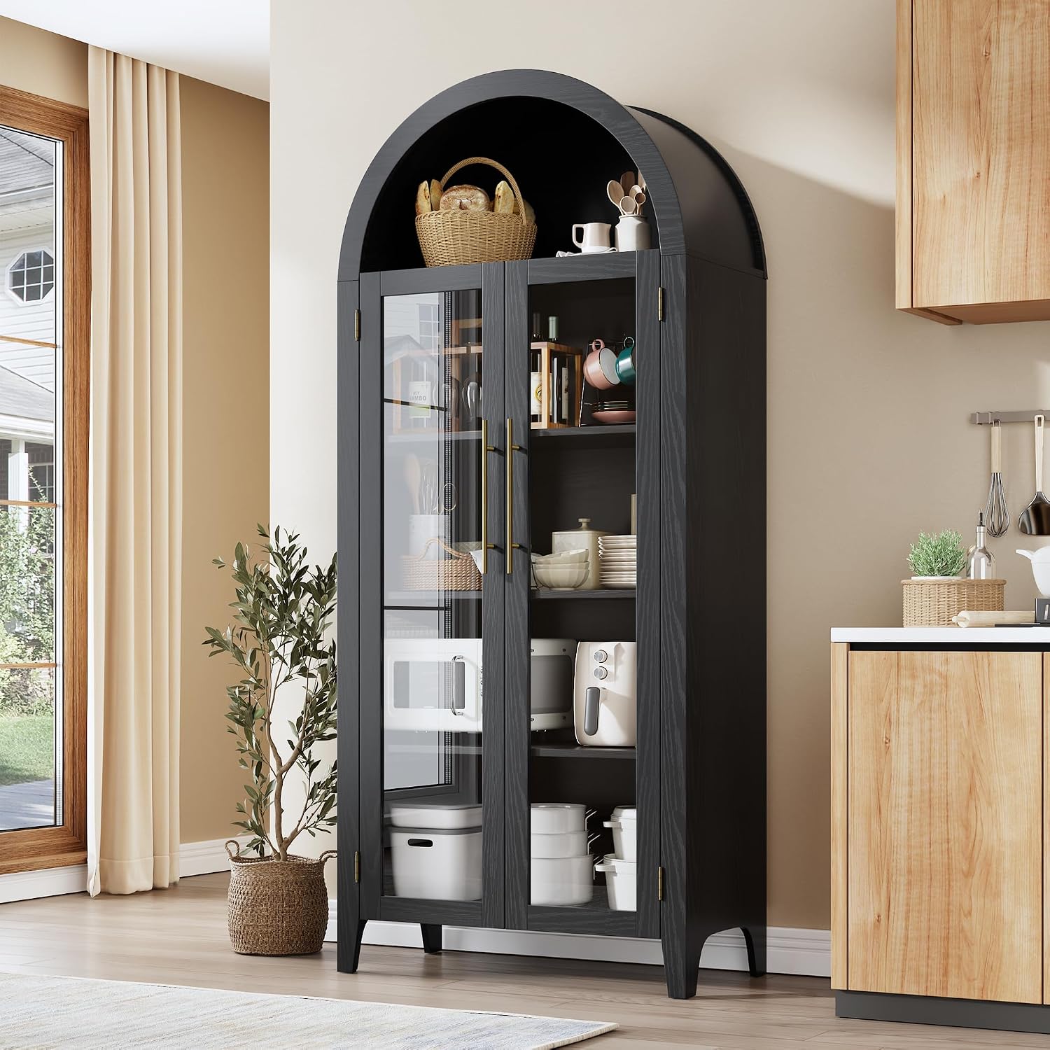 IDEALHOUSE Arched Kitchen Pantry Storage Cabinet - Farmhouse 5-Tier Display Shelf with 2 Large Glass Doors and Adjustable Shelf, Versatile Cupboard for Kitchen, Dining Room, Living Room, Black