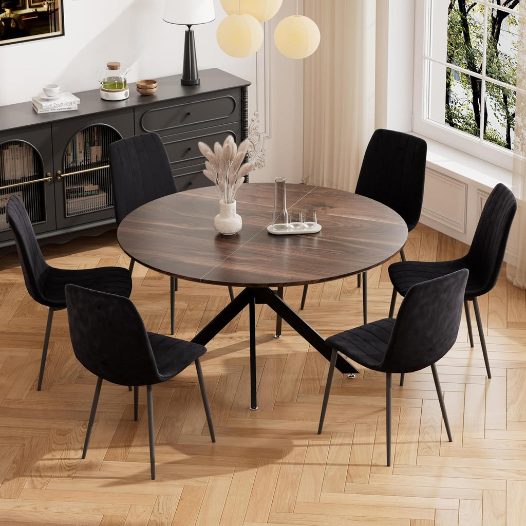 RGZ 47' Round Table Set for 6, 7 PCS Modern Wooden Circle Dining Table for 2-6, Walnut Round Dining Table with Steel Legs & 6 Black Velvet Upholstered Chairs for Dining Room, Living Room, Kitchen
