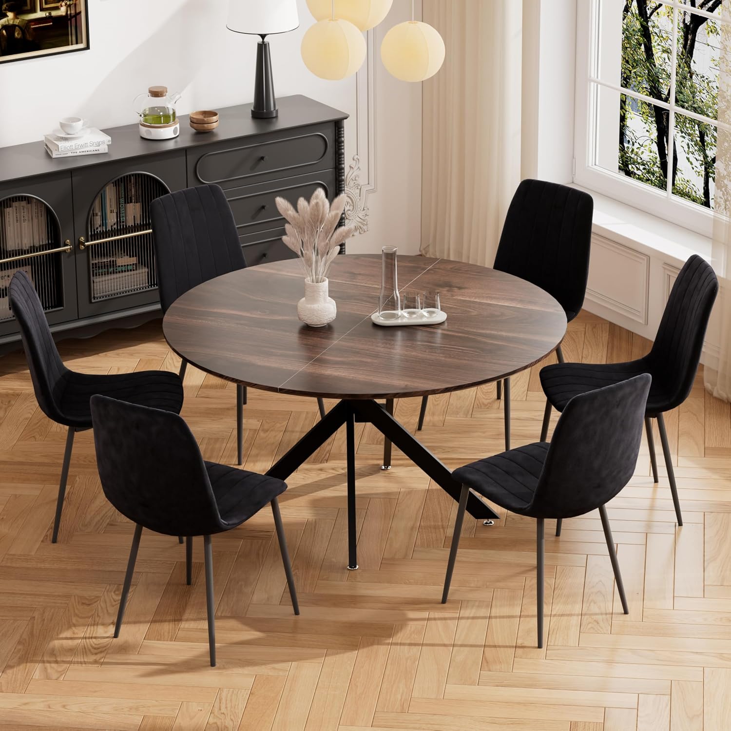 RGZ 47' Round Table Set for 6, 7 PCS Modern Wooden Circle Dining Table for 2-6, Walnut Round Dining Table with Steel Legs & 6 Black Velvet Upholstered Chairs for Dining Room, Living Room, Kitchen