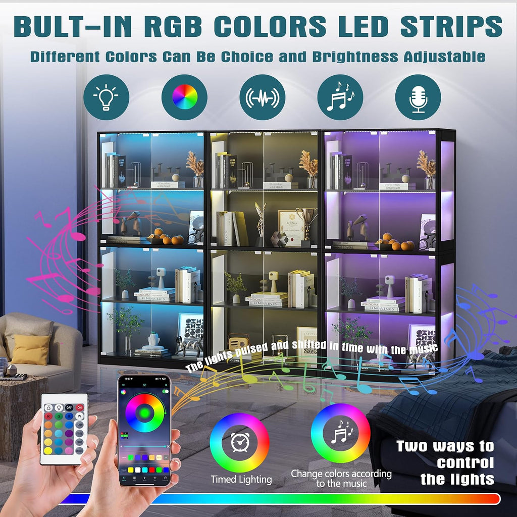 Grepatio Glass Display Cabinet, 4-Tier Display Cases for Collectibles, Curio Cabinet with Smart Color Lights, Display Shelf Bookcase Kids Toy Cabinets for Collectible, Living Room, Playroom (Black)