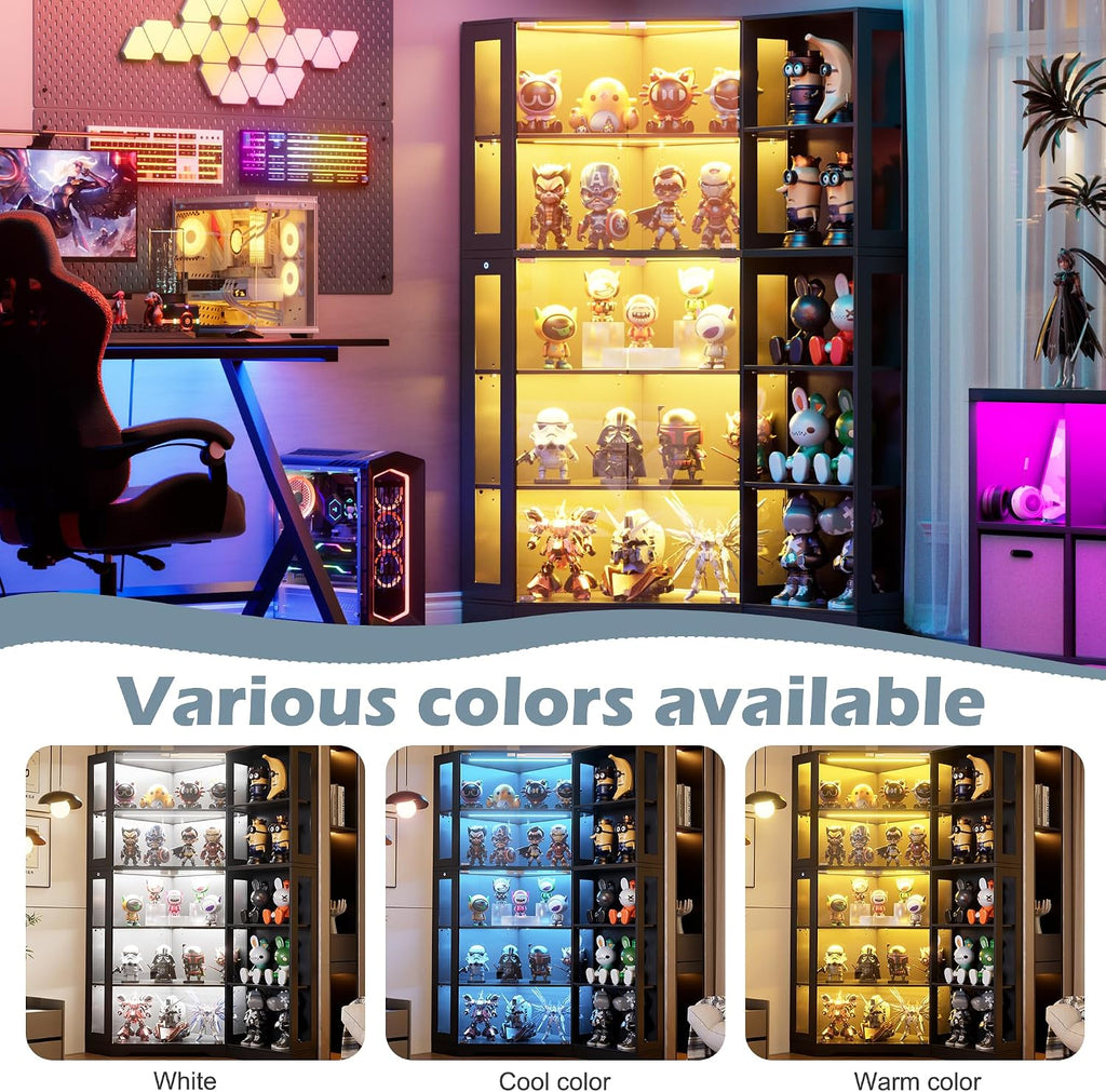 Corner Display Cabinet with Glass Doors,5-Tier Curio Cabinet with 3 Color Lights for Collectibles,71' Glass Display Case for Toys, Books, Extra Bookcase with 10 Dust-Proof Rack for Living Room, Black