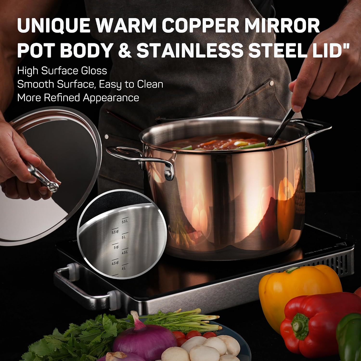 Ciwete Whole Tri-ply 18/10 Stainless Steel Cookware Set, 10 Pcs Elegant Copper Pots and Pans Set, Induction Cookware, Frying Pans, Saucepans & Stock Pot with Lid, Ideal Gift for Wedding, Housewarming