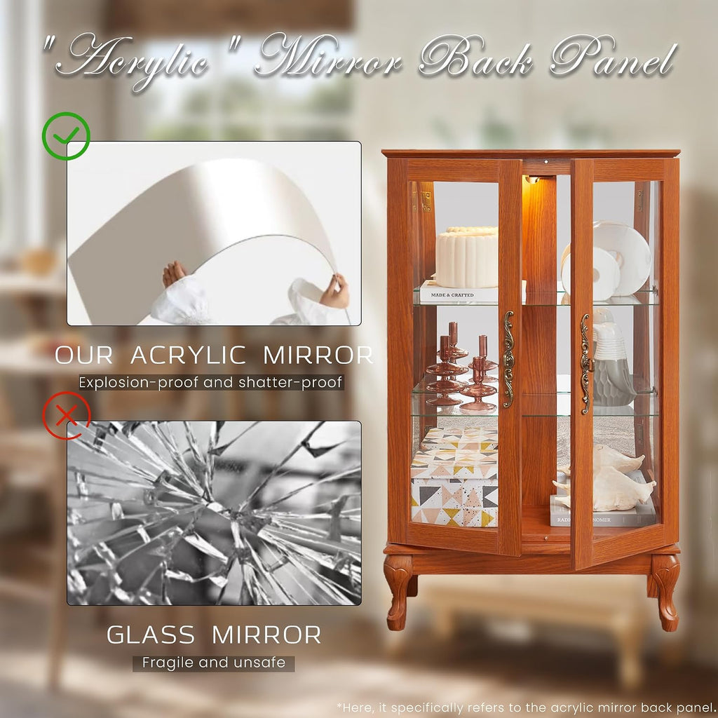 44' Small Lighted Glass Accent Curio Cabinet, Vintage China Cage with 2 Tempered Glass Doors & Adjustable Shelves, Acrylic Mirrored Pane, Elegant Wine Artwork Showcase Rack for Living Room (Dark Oak)