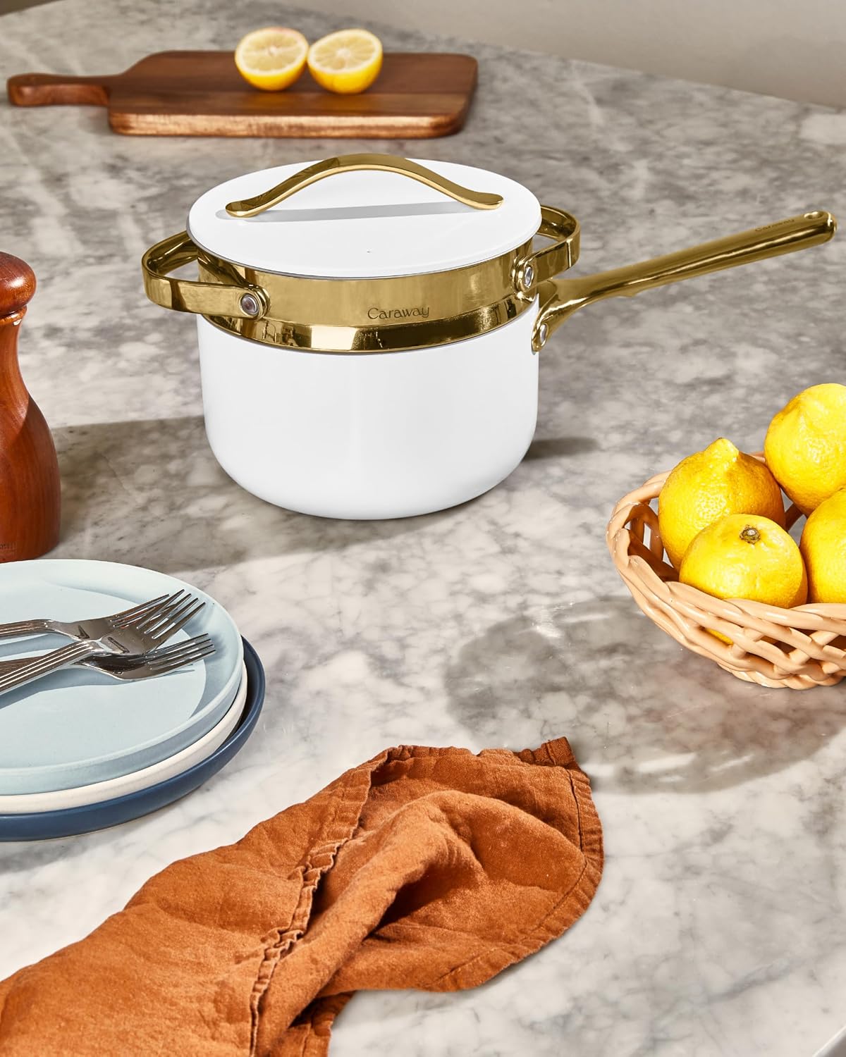 Caraway Small & Large Steamer Set – Made with Handles - Non Stick, Non Toxic Coating - Steam Veggies, Seafood, and More - Compatible With Our Dutch Oven or Sauce Pan – 3qt & 6.5qt - Gold