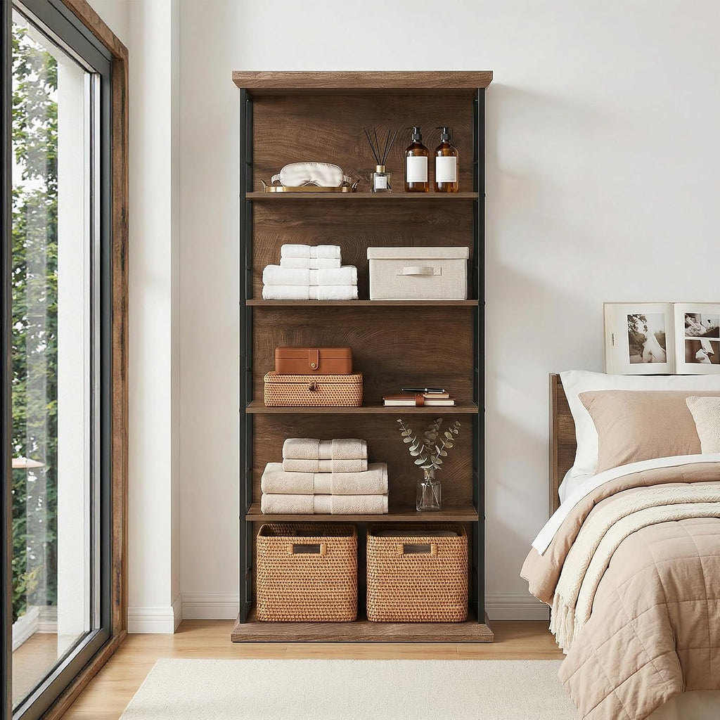 LITTLE TREE 5-Tier Bookcase, 72 Inches Farmhouse Wooden Bookshelf, Free-Standing Display Storage Shelves for Home Office, Living Room, Kitchen Room, Brown